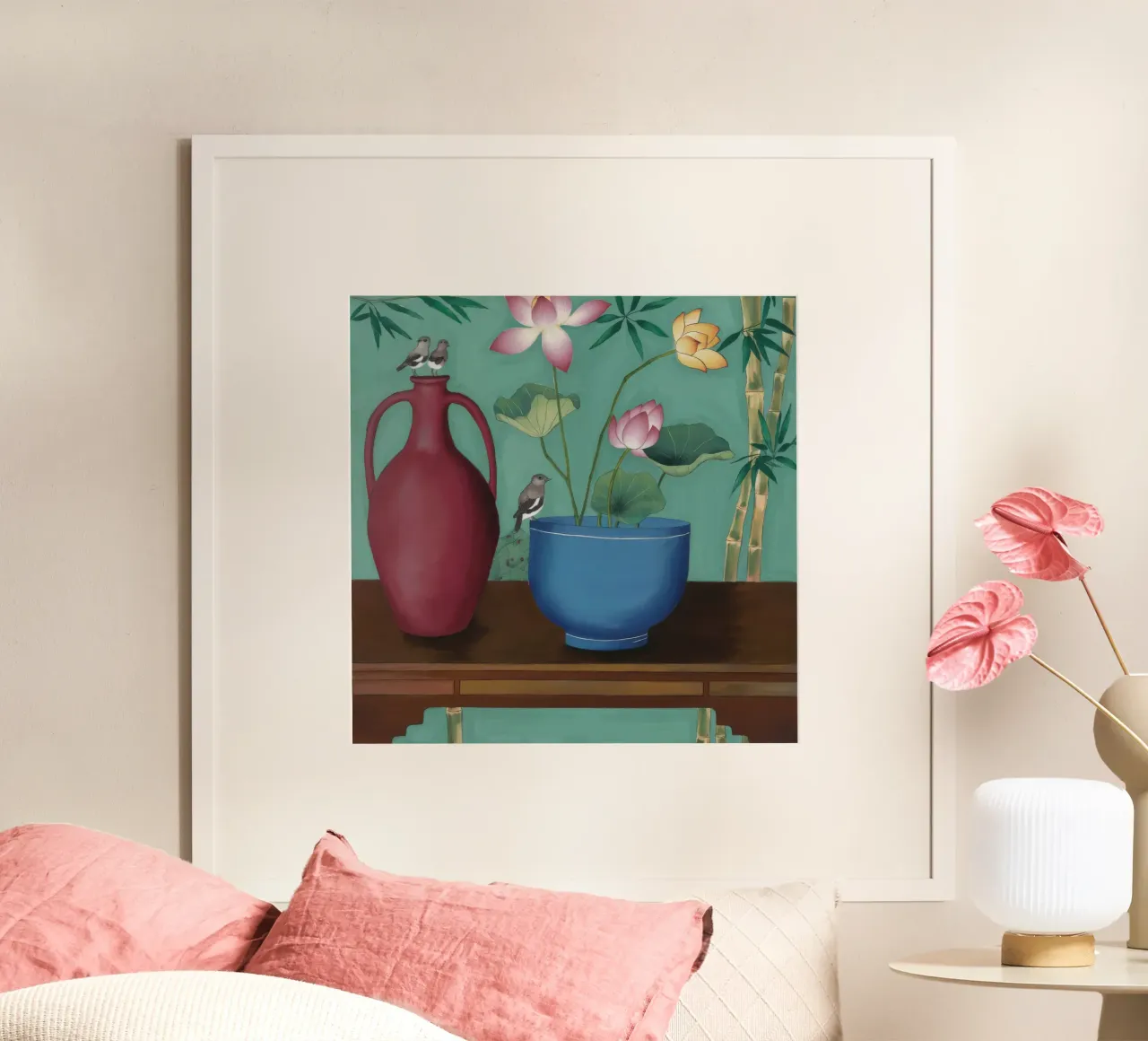 Terracotta Teal Duet poster con telaio in alluminio da Opal Strokes
