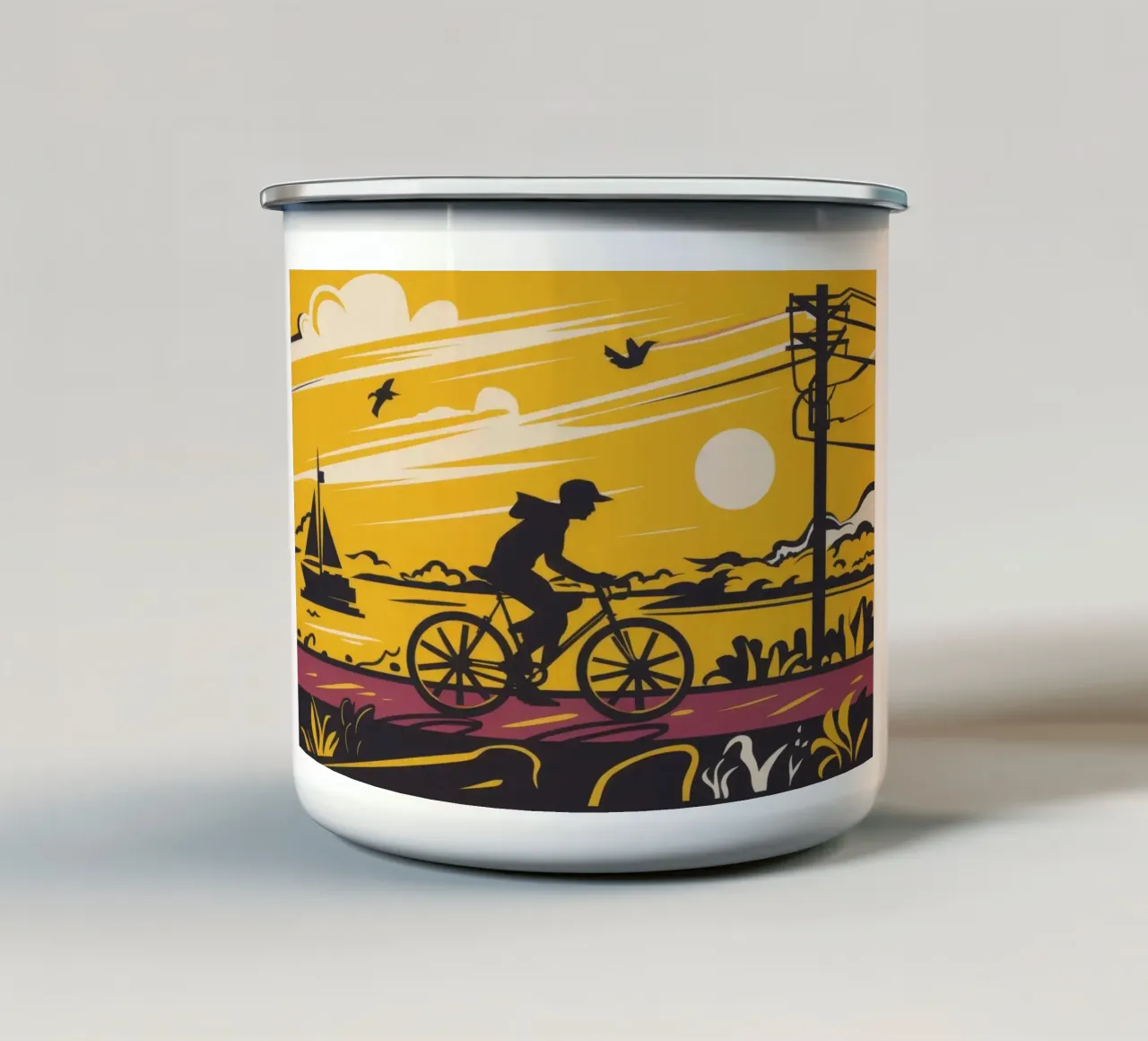 Silhouette di ciclista al tramonto tazza in smalto da Silk Palette