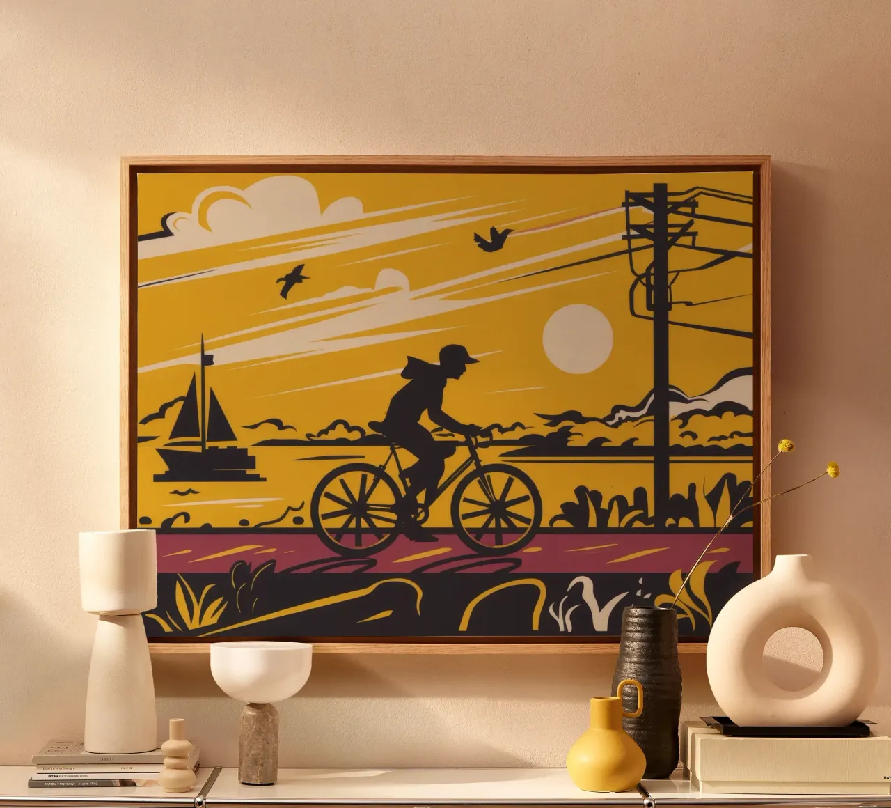 Sunset Cyclist Silhouette canvas with Floater frame by Silk Palette
