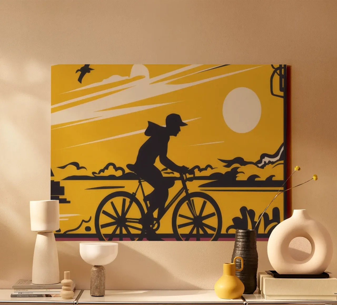 Sunset Cyclist Silhouette canvas with Floater frame by Silk Palette