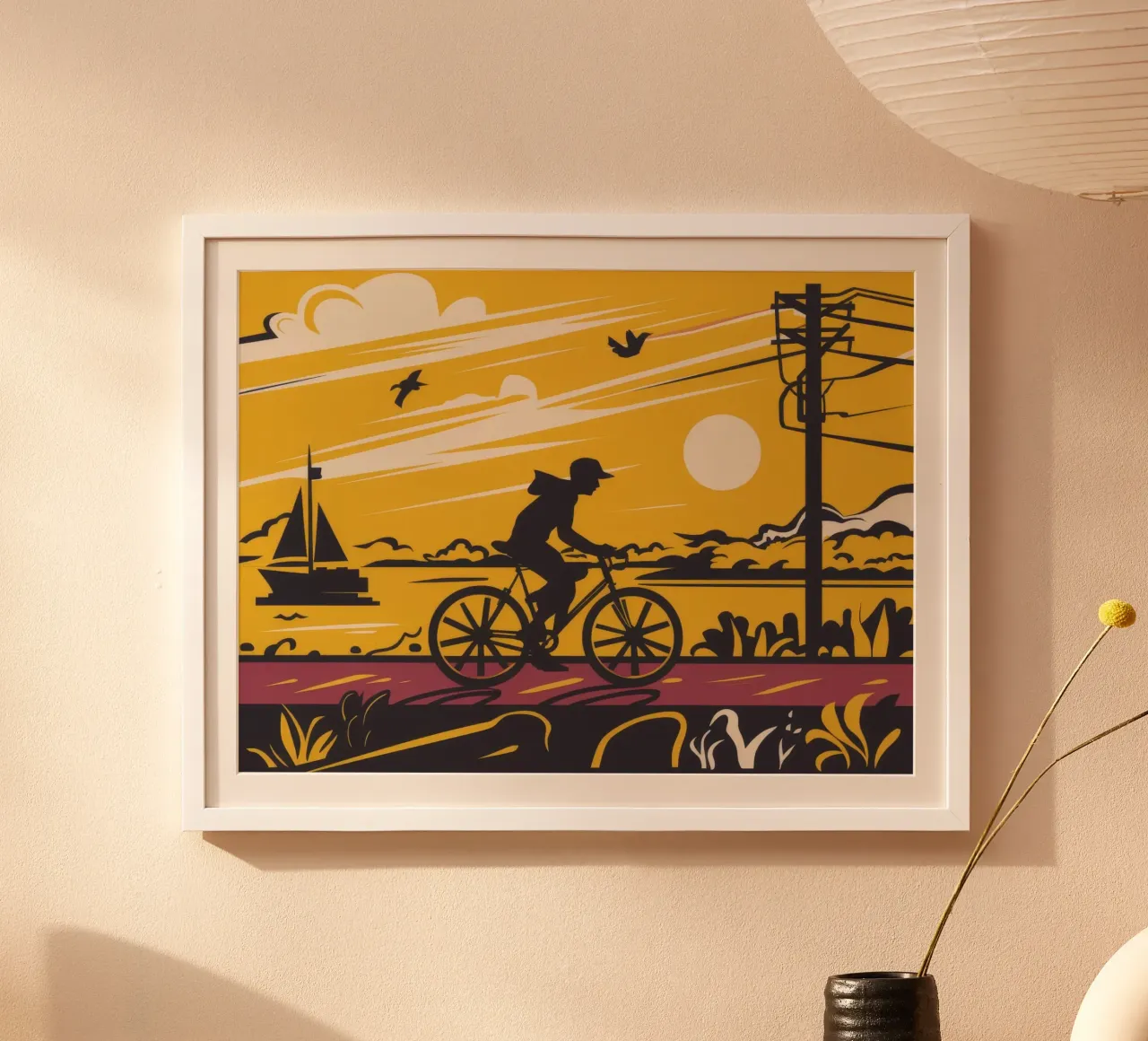 Silhouette di ciclista al tramonto poster da Silk Palette