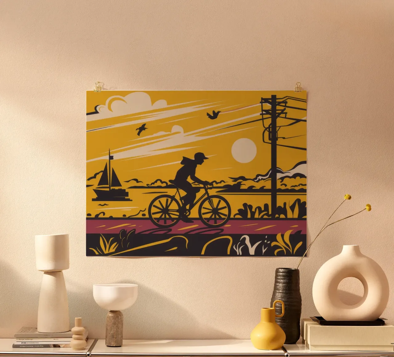 Silhouette di ciclista al tramonto poster da Silk Palette