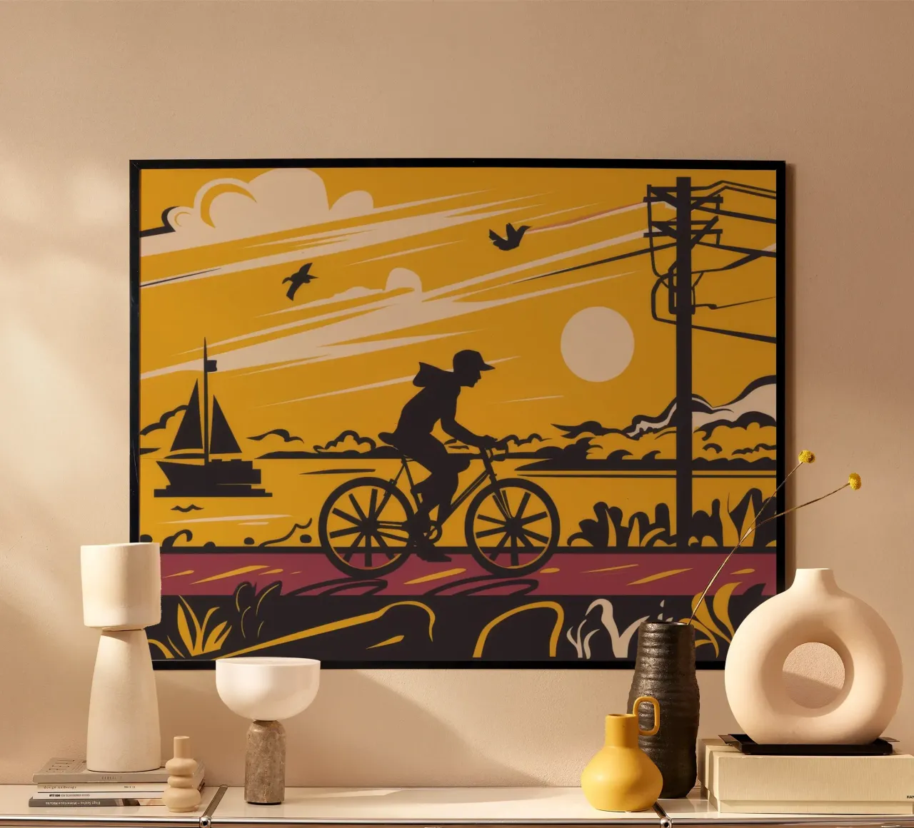 Silhouette di ciclista al tramonto poster da Silk Palette