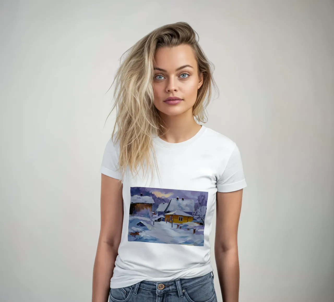 Sunlit Snow House women's fitted t-shirt by Celestial Harmony
