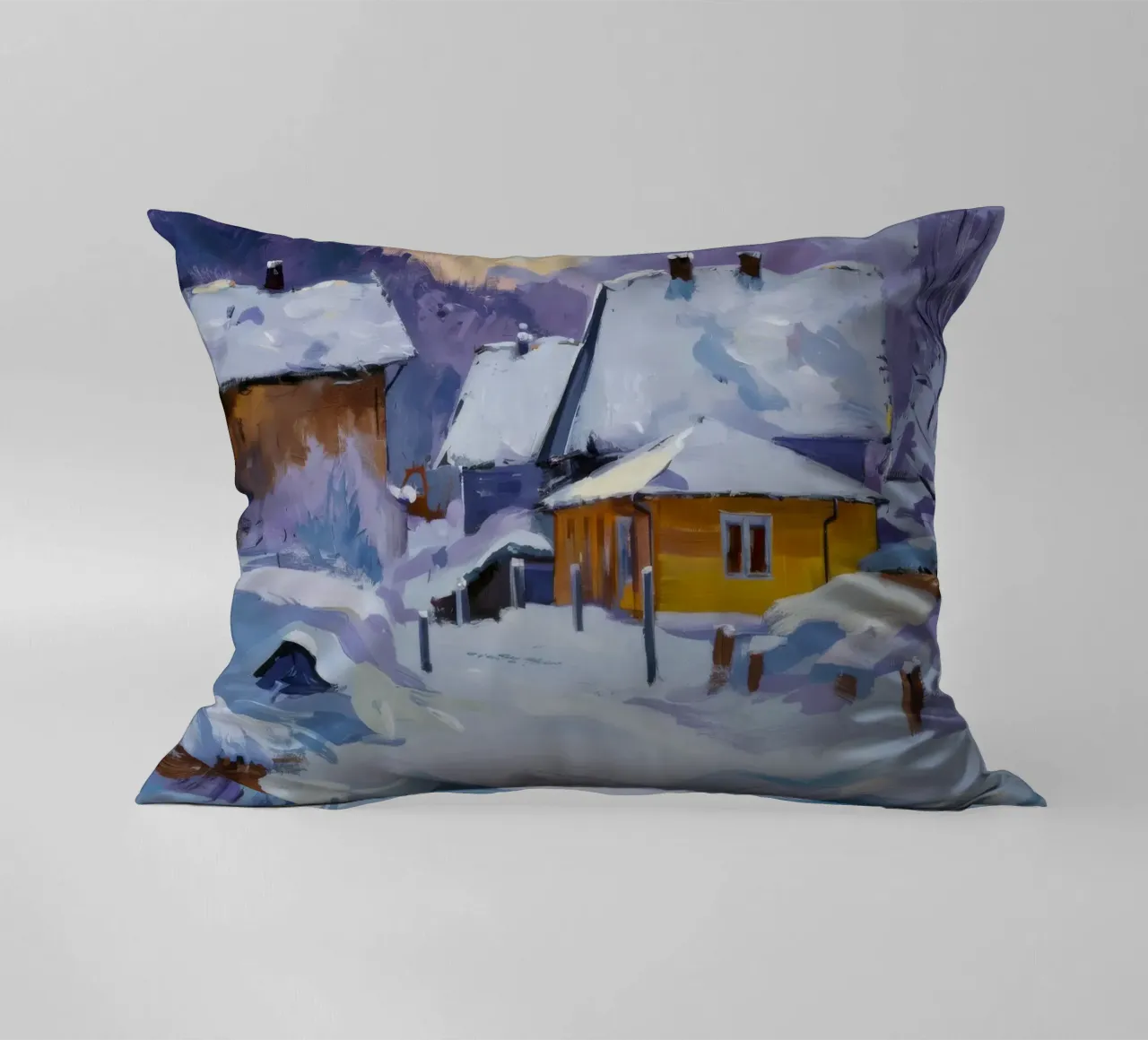 Casa di neve illuminata dal sole cuscino da Celestial Harmony