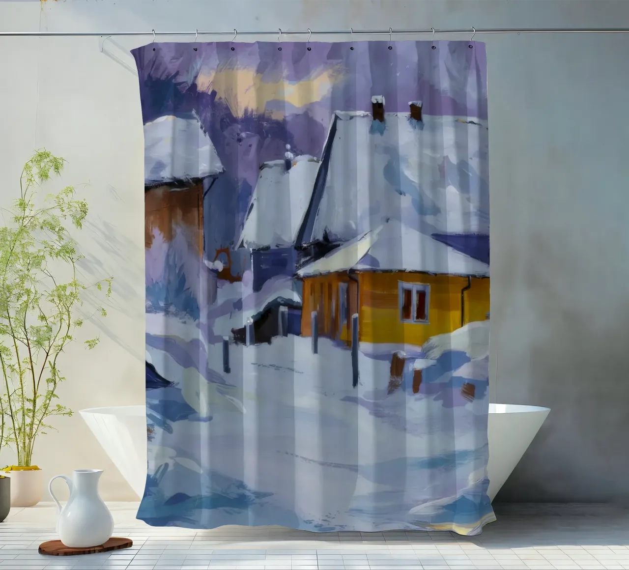 Sunlit Snow House shower curtain by Celestial Harmony