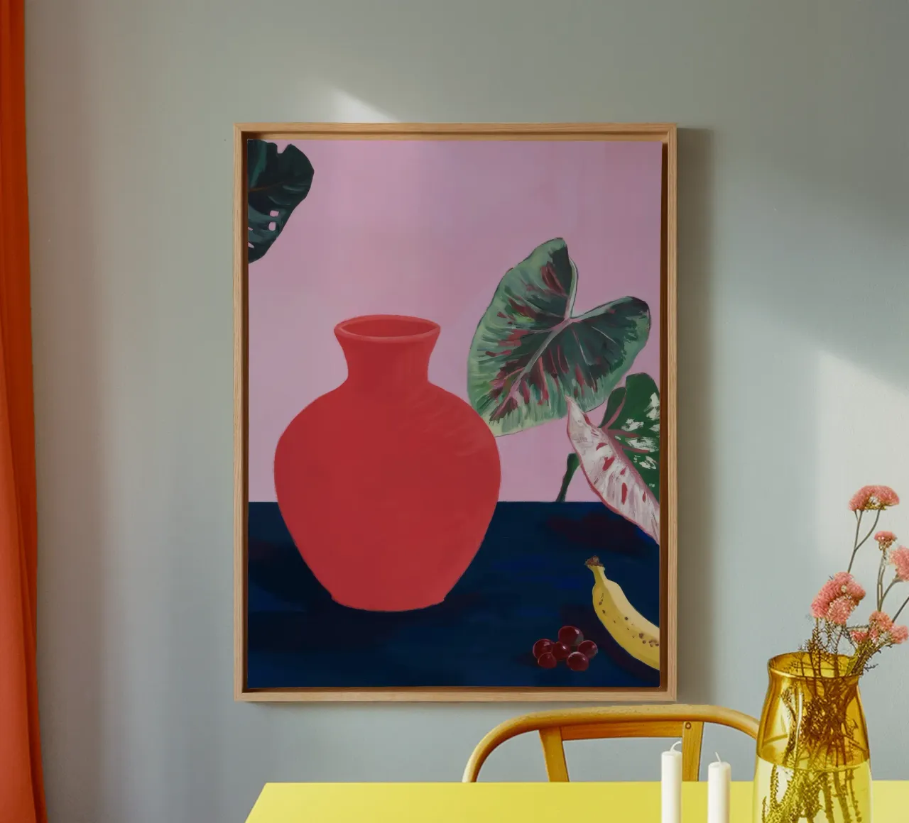 Karmozijnrood blad canvas met Baklijst van Opal Strokes