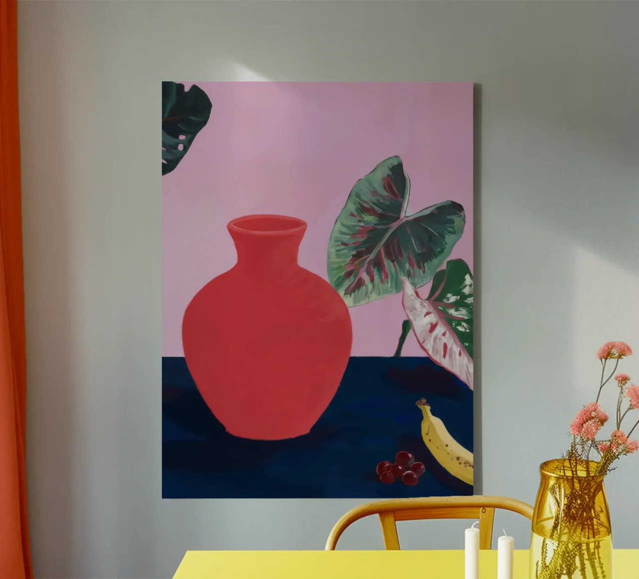 Karmozijnrood blad canvas met Baklijst van Opal Strokes