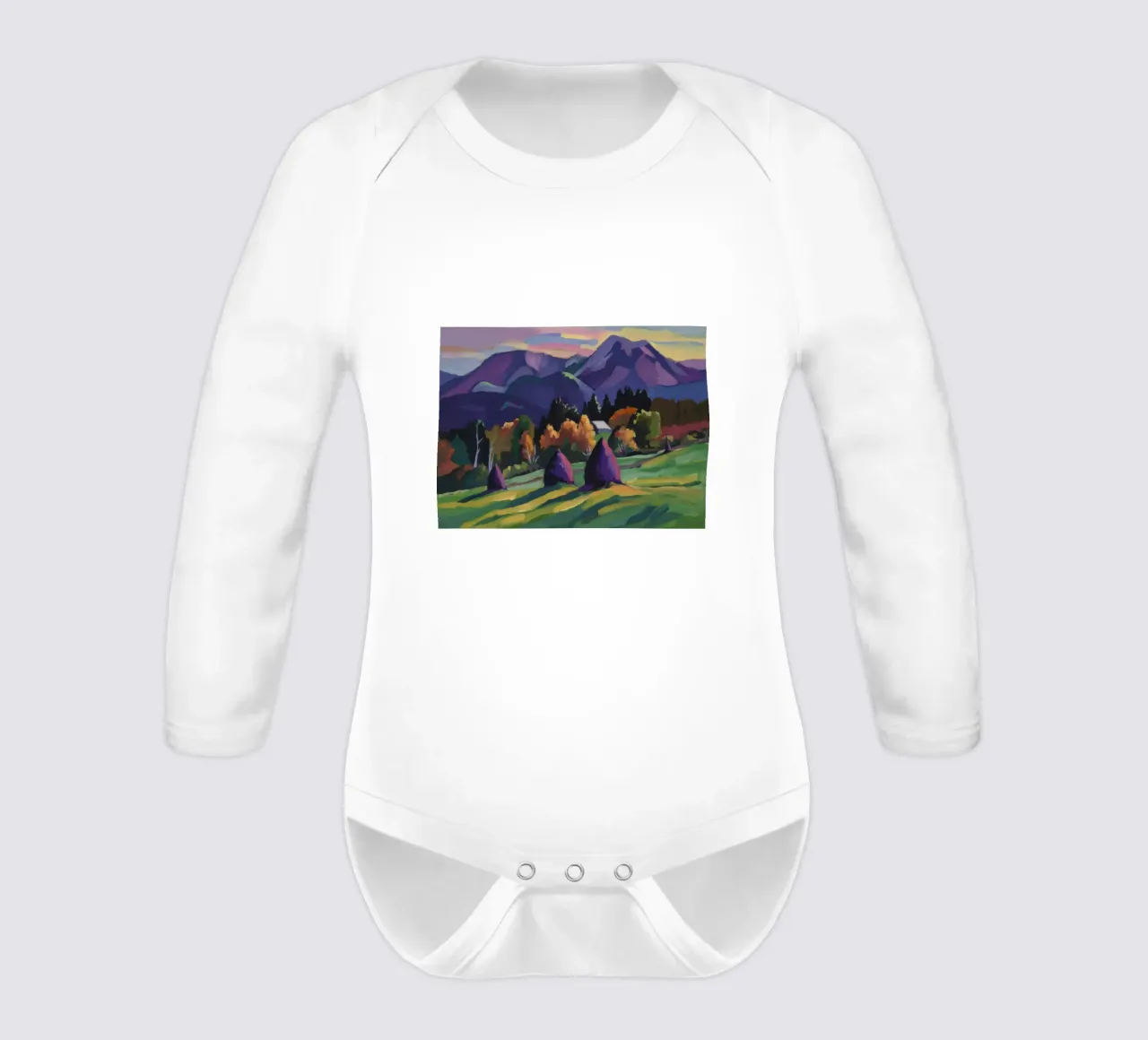Alpine Haystack Dreams long-sleeve baby romper by Radiance Landscape