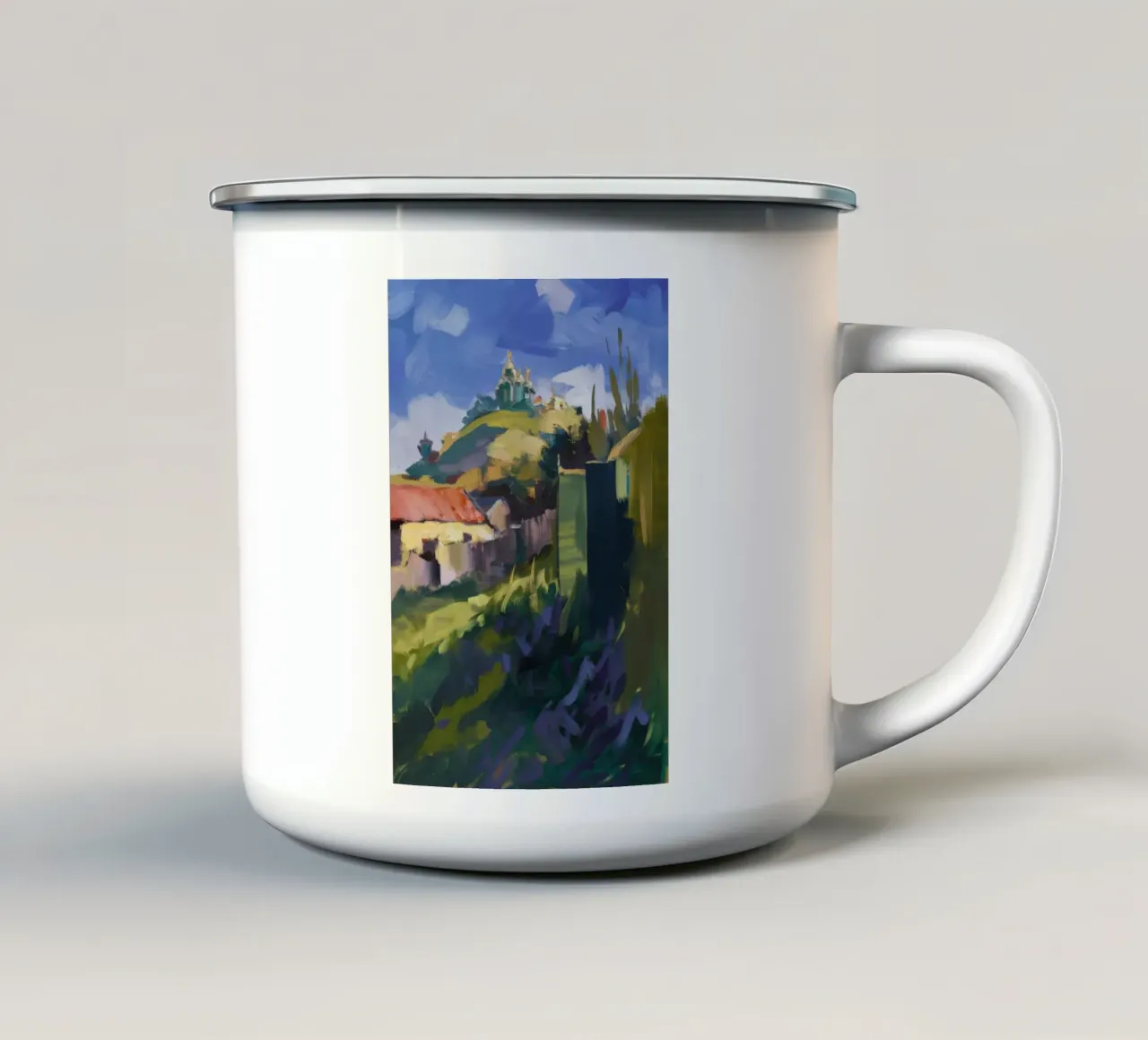 Passi del villaggio illuminati dal sole tazza in smalto da Radiance Landscape