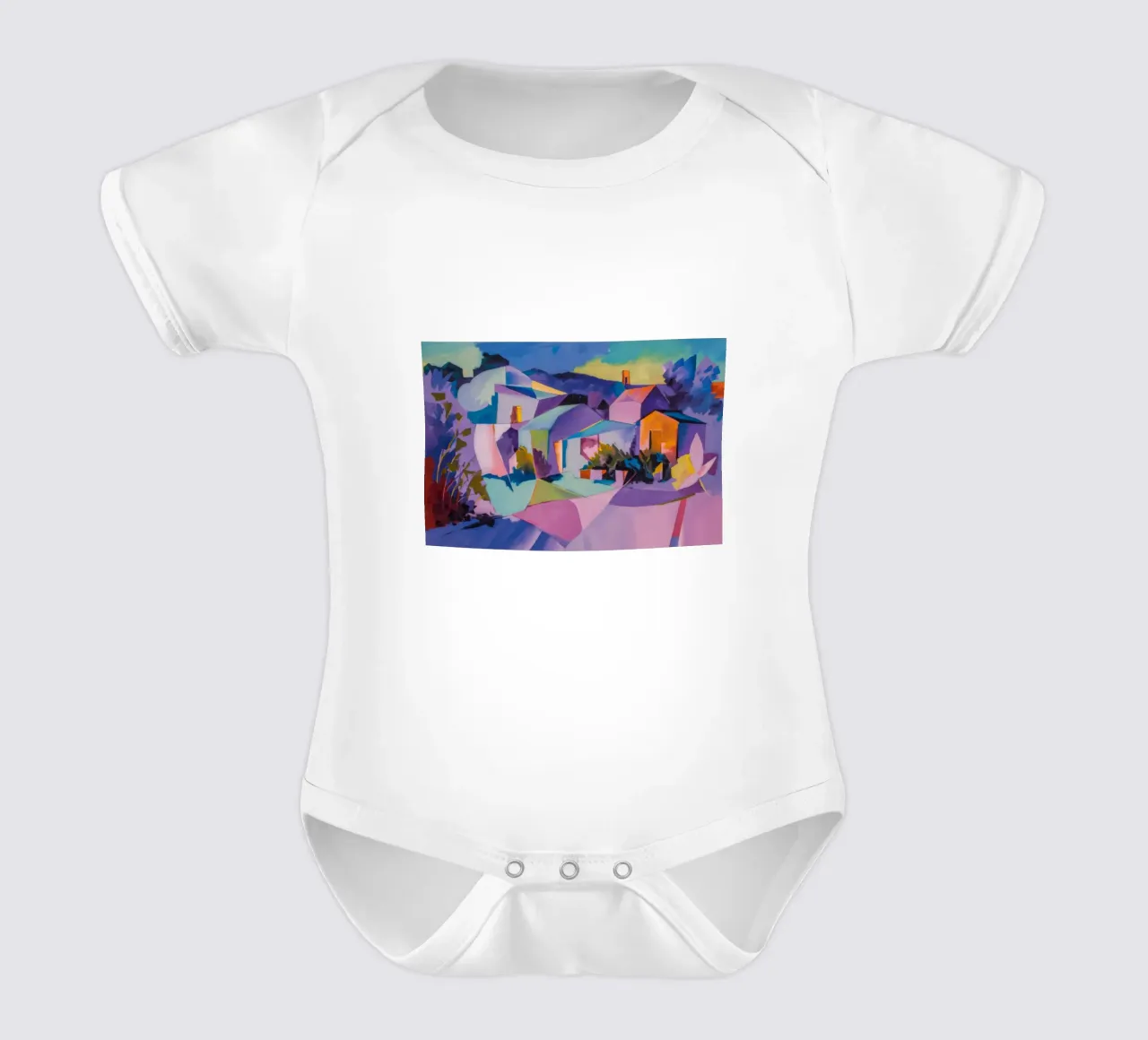 Cubist Village Dream short-sleeve baby romper by Celestial Harmony