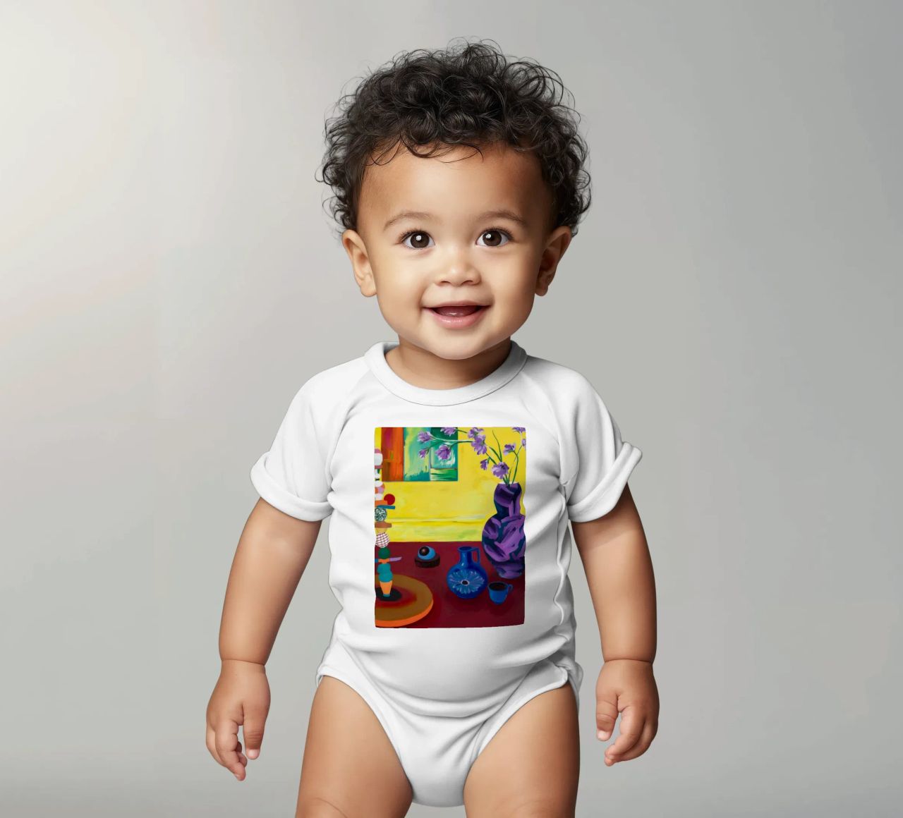Festive Tabletop Array short-sleeve baby romper by Opal Strokes