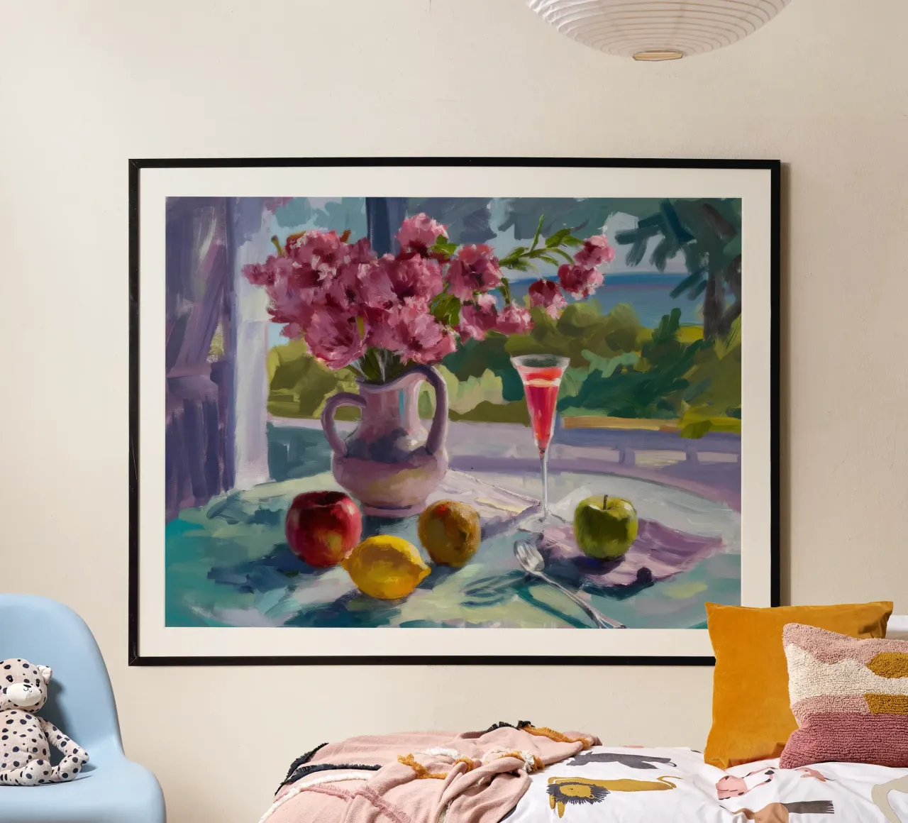 Fioriture di luce mattutina poster con telaio in legno da Celestial Harmony