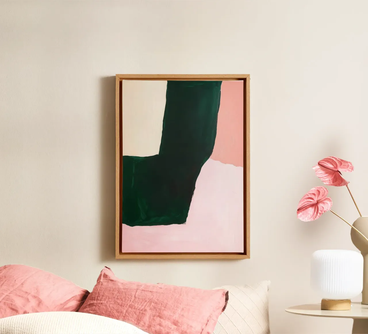 Composizione Japandi in rosa, verde e nero tela con Cornice a cassetta da Euphoria Theresa