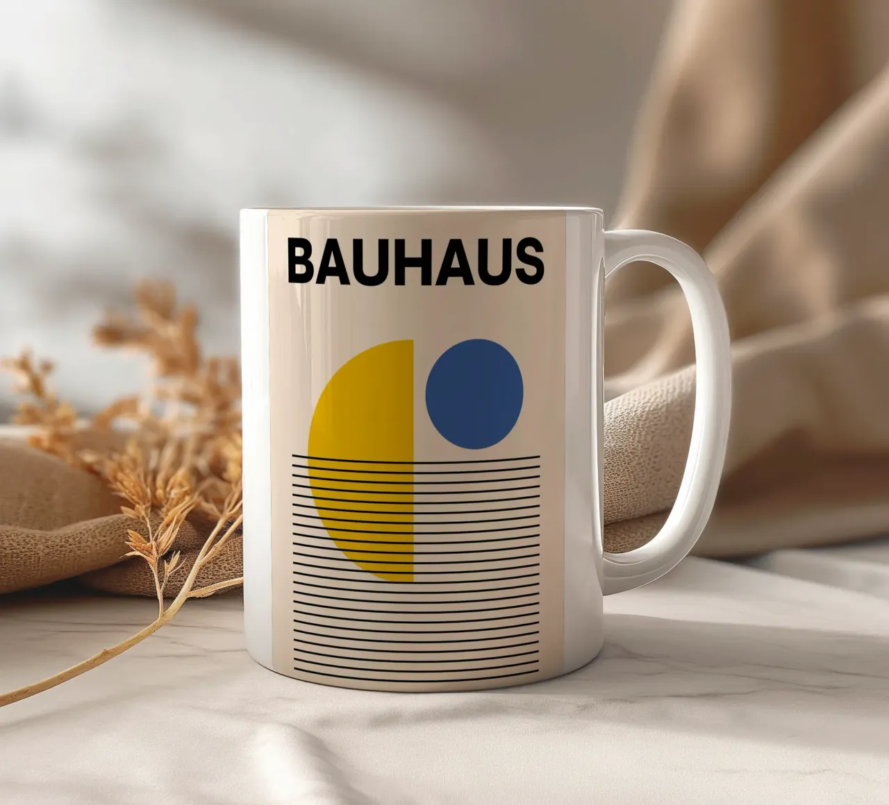 Bauhaus Poster Yellow Blue - Minimal Geometric ceramic mug by Casa Calm