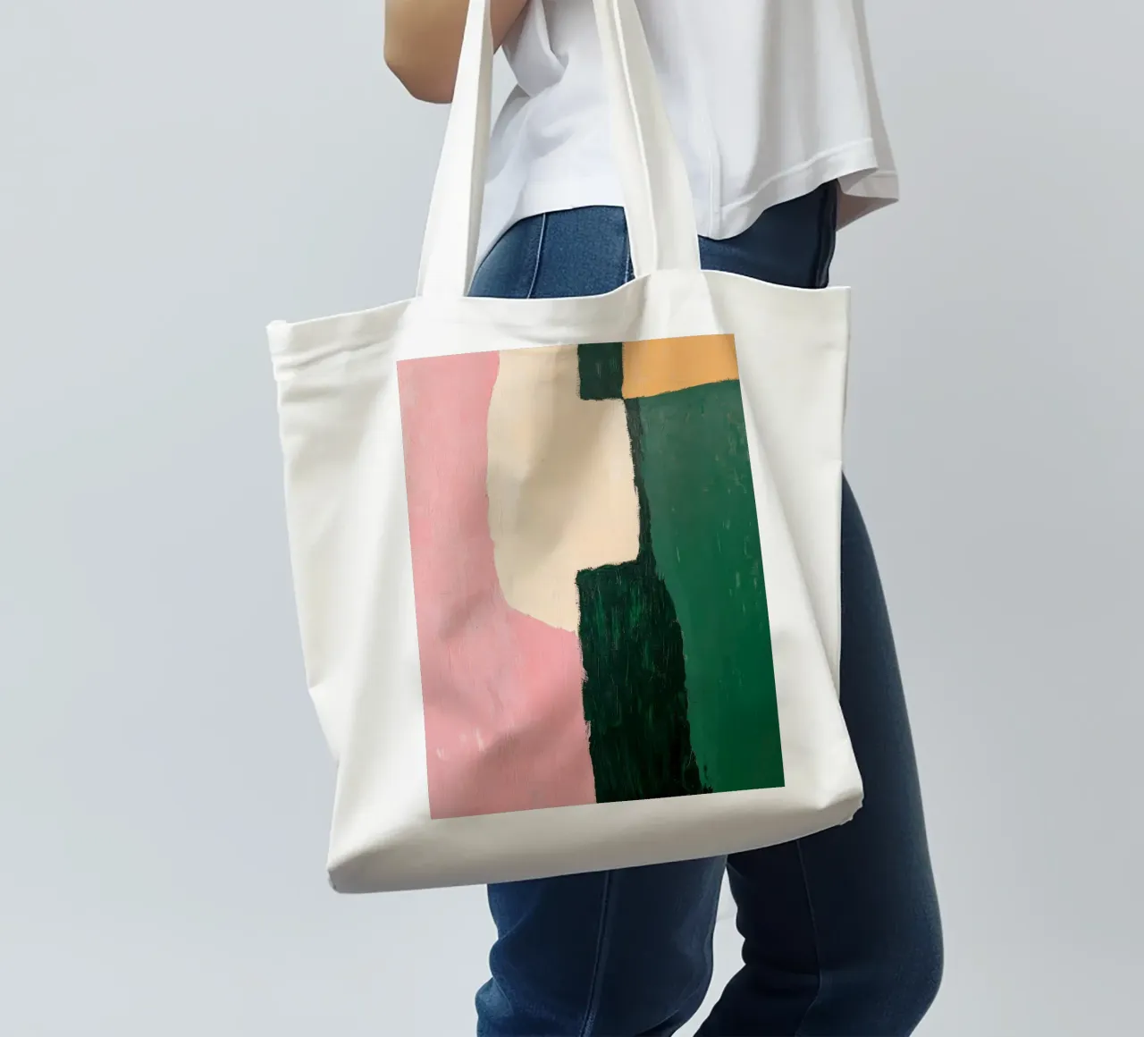 Forme astratte in verde, rosa e giallo borsa in juta da Euphoria Theresa