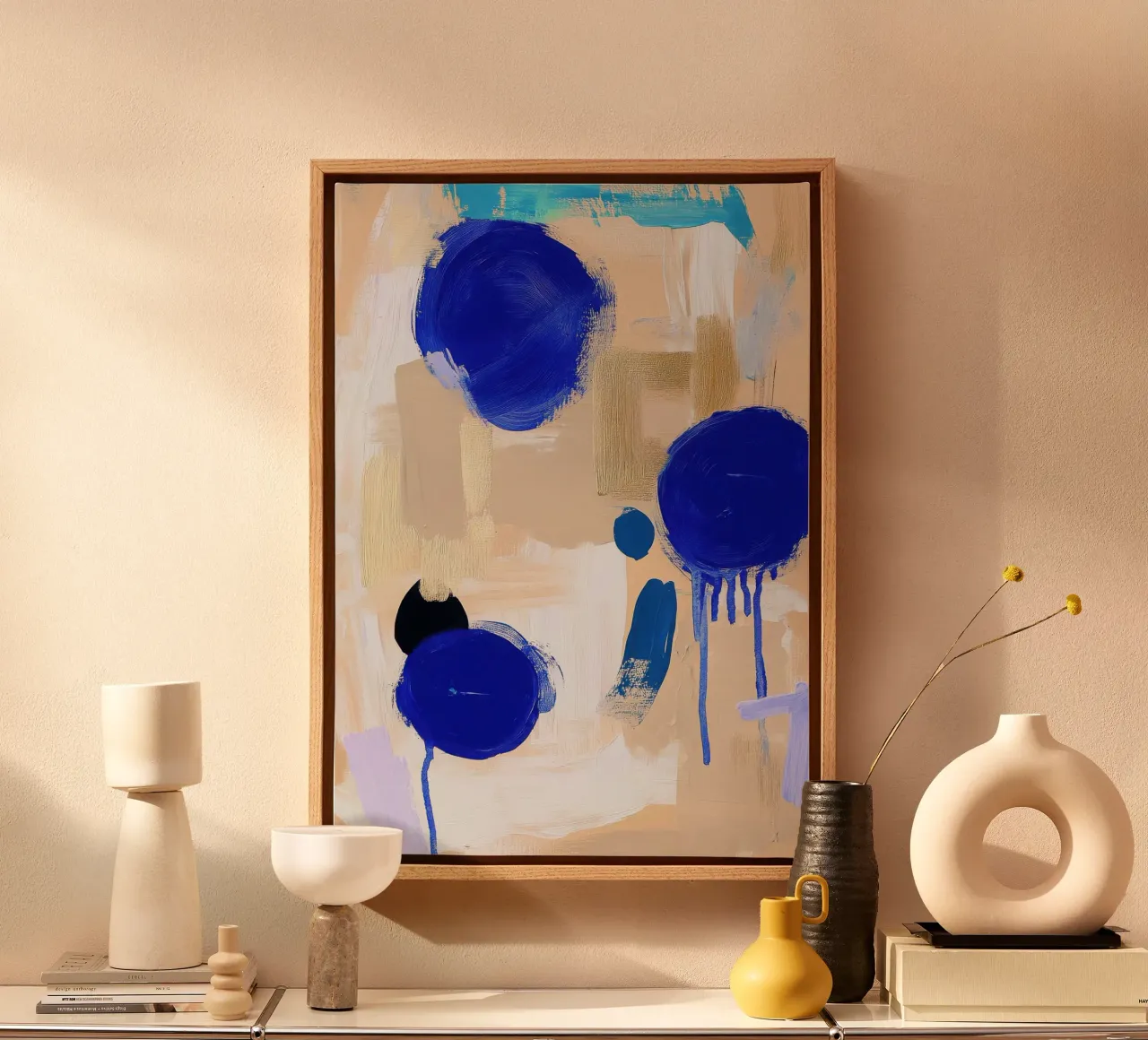 Abstract blue circles on beige canvas with Floater frame by Euphoria Theresa