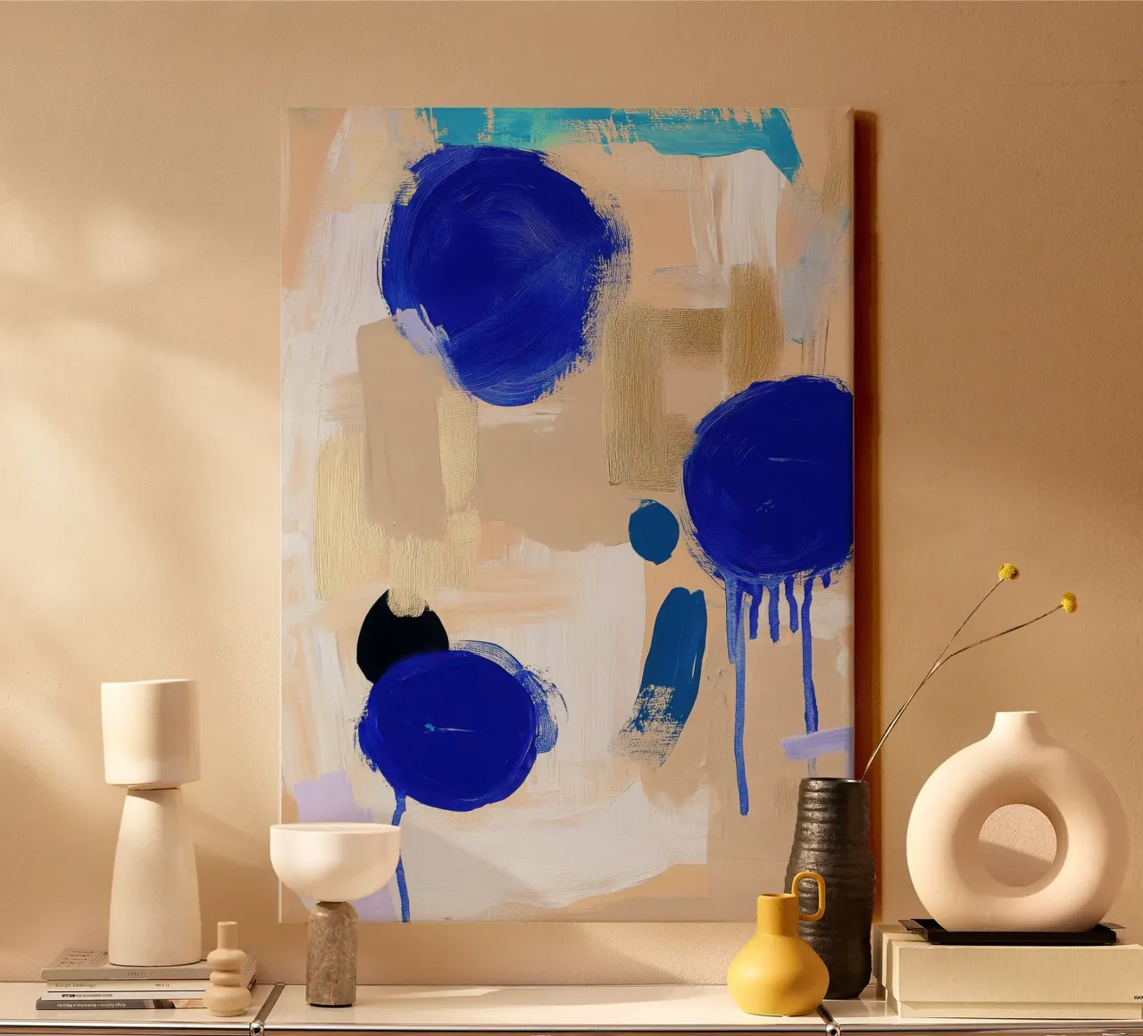 Abstract blue circles on beige canvas with Floater frame by Euphoria Theresa