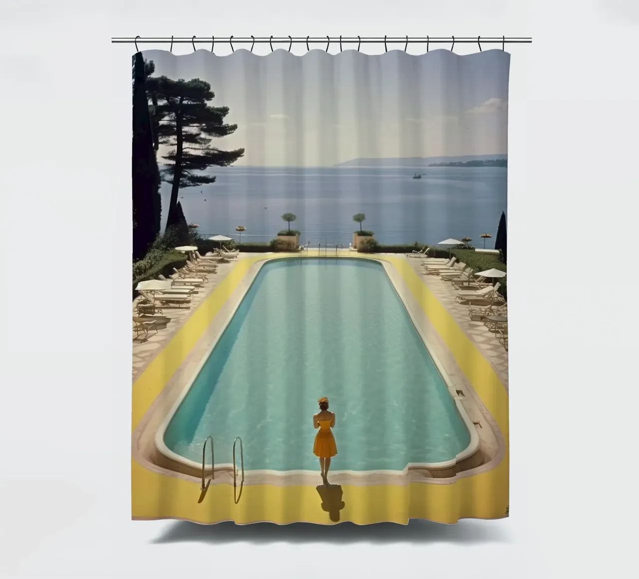 Retro Cannes Swimming Pool shower curtain by Slim Aarons Vintage