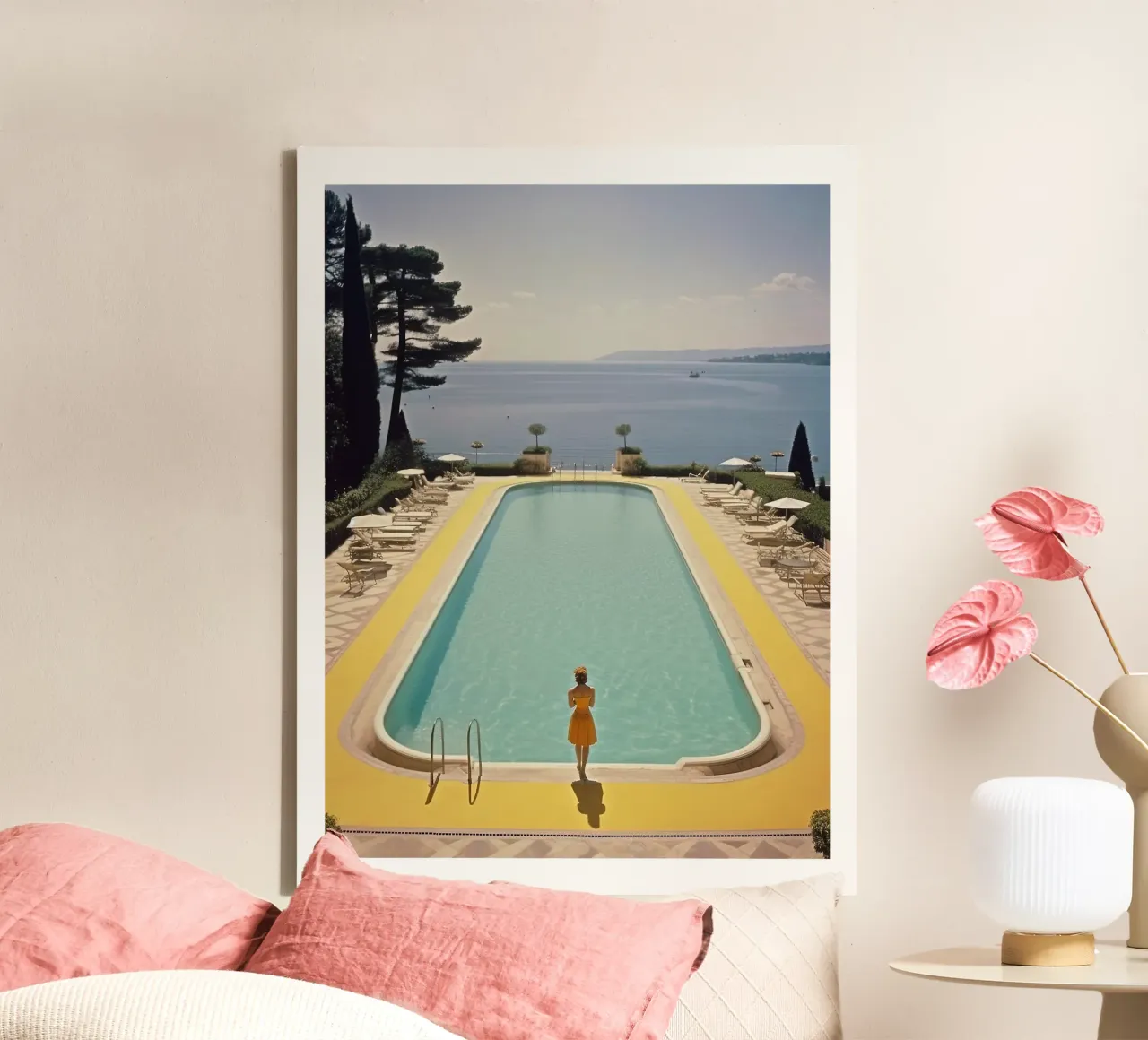 Retro Cannes Swimming Pool canvas with Floater frame by Slim Aarons Vintage