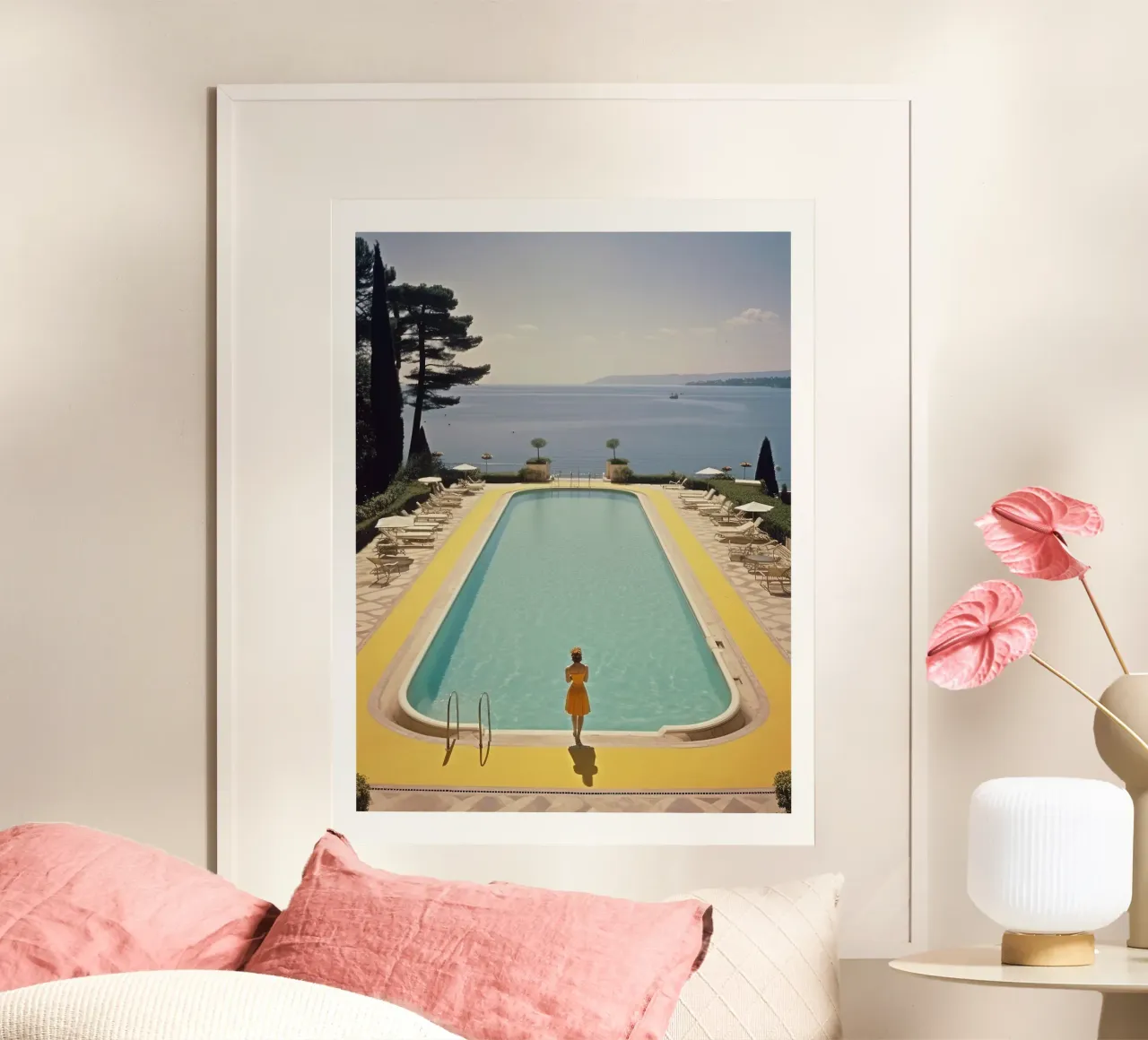 Retro Cannes Swimming Pool poster with plastic frame by Slim Aarons Vintage