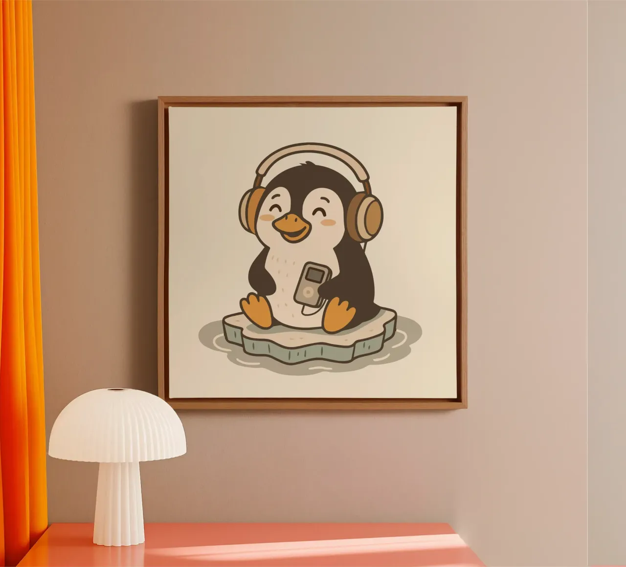 Pinguino amante della musica con cuffie - Allegro motivo animale tela con Cornice a cassetta da namosh