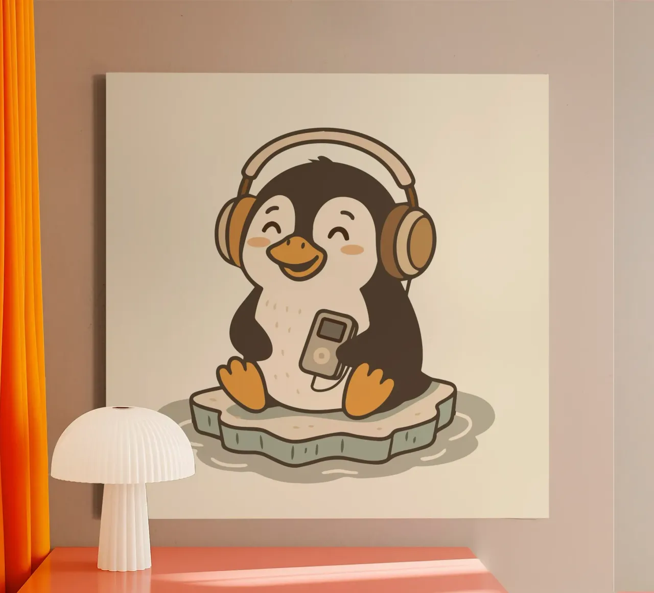 Pinguino amante della musica con cuffie - Allegro motivo animale tela con Cornice a cassetta da namosh