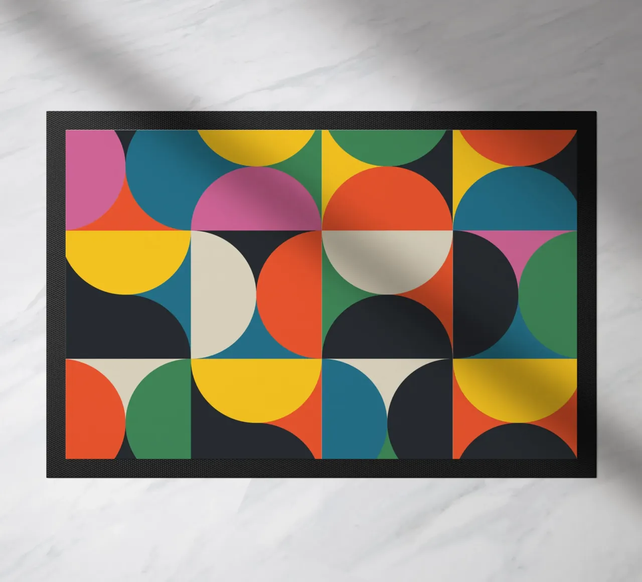 Colourful Mid Century Modern Geometric Semi Circle Pattern doormat by THE MOTIVATED TYPE