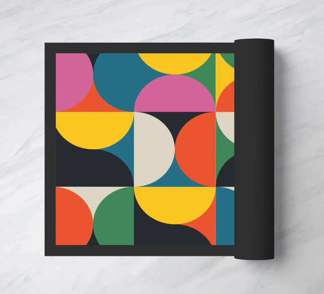 Colourful Mid Century Modern Geometric Semi Circle Pattern doormat by THE MOTIVATED TYPE