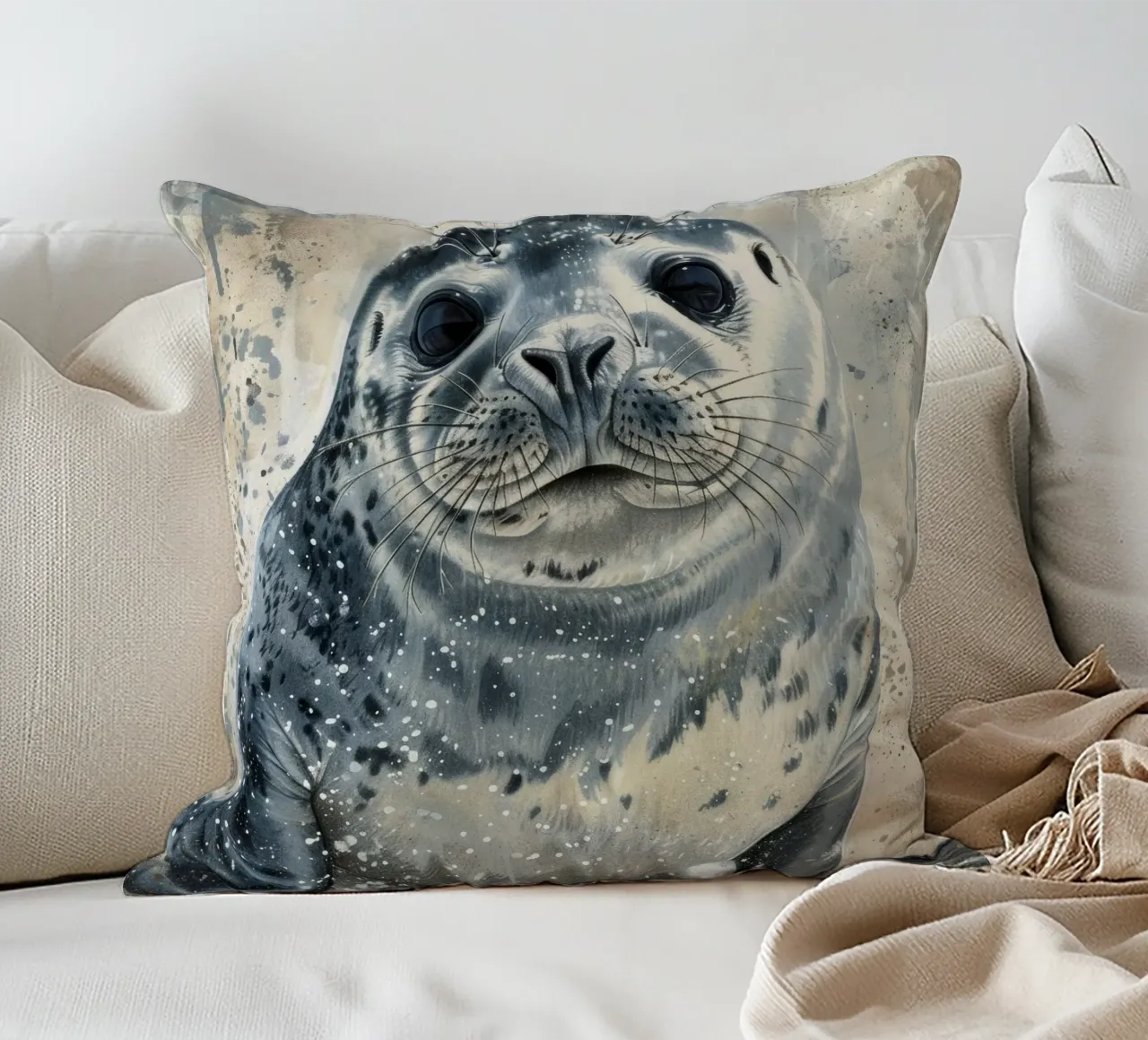 Harbor Seal Pup's Innocence decorative cushion by DesignDoodle