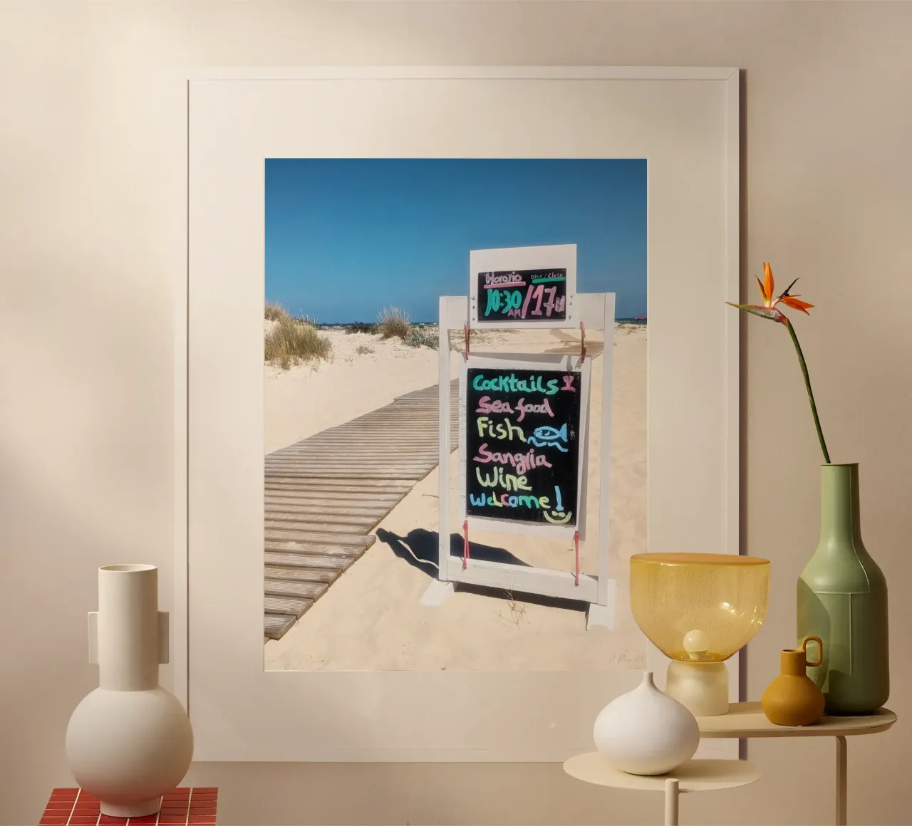 Insegna di benvenuto del ristorante sulla spiaggia, Armona Island Boardwalk Photo poster da Hecate Pim Designs