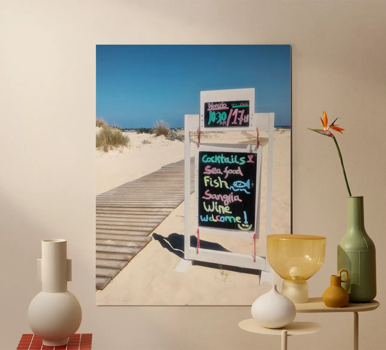 Insegna di benvenuto del ristorante sulla spiaggia, Armona Island Boardwalk Photo poster da Hecate Pim Designs