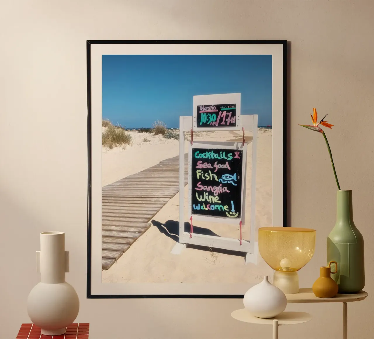 Insegna di benvenuto del ristorante sulla spiaggia, Armona Island Boardwalk Photo poster da Hecate Pim Designs