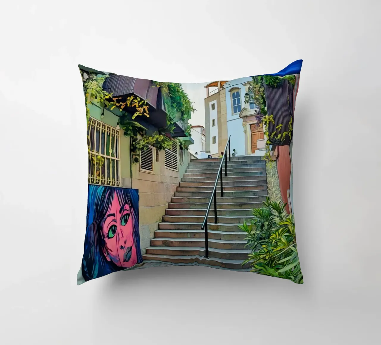 Scala urbana colorata a Cascais, Portogallo, Street Art cuscino da Hecate Pim Designs