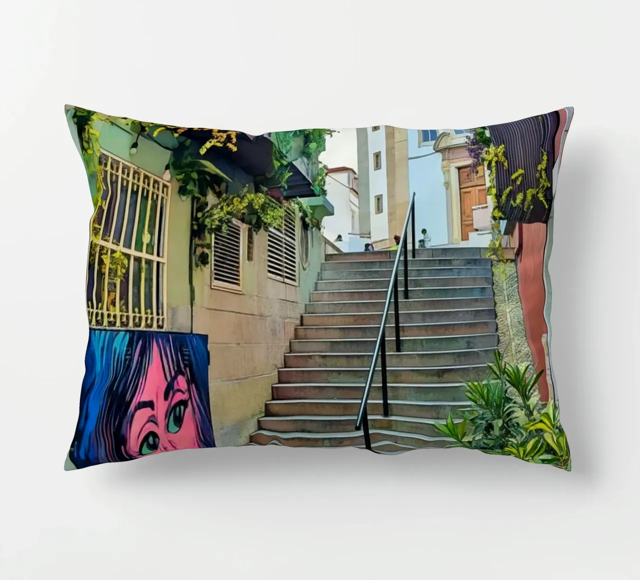 Scala urbana colorata a Cascais, Portogallo, Street Art cuscino da Hecate Pim Designs