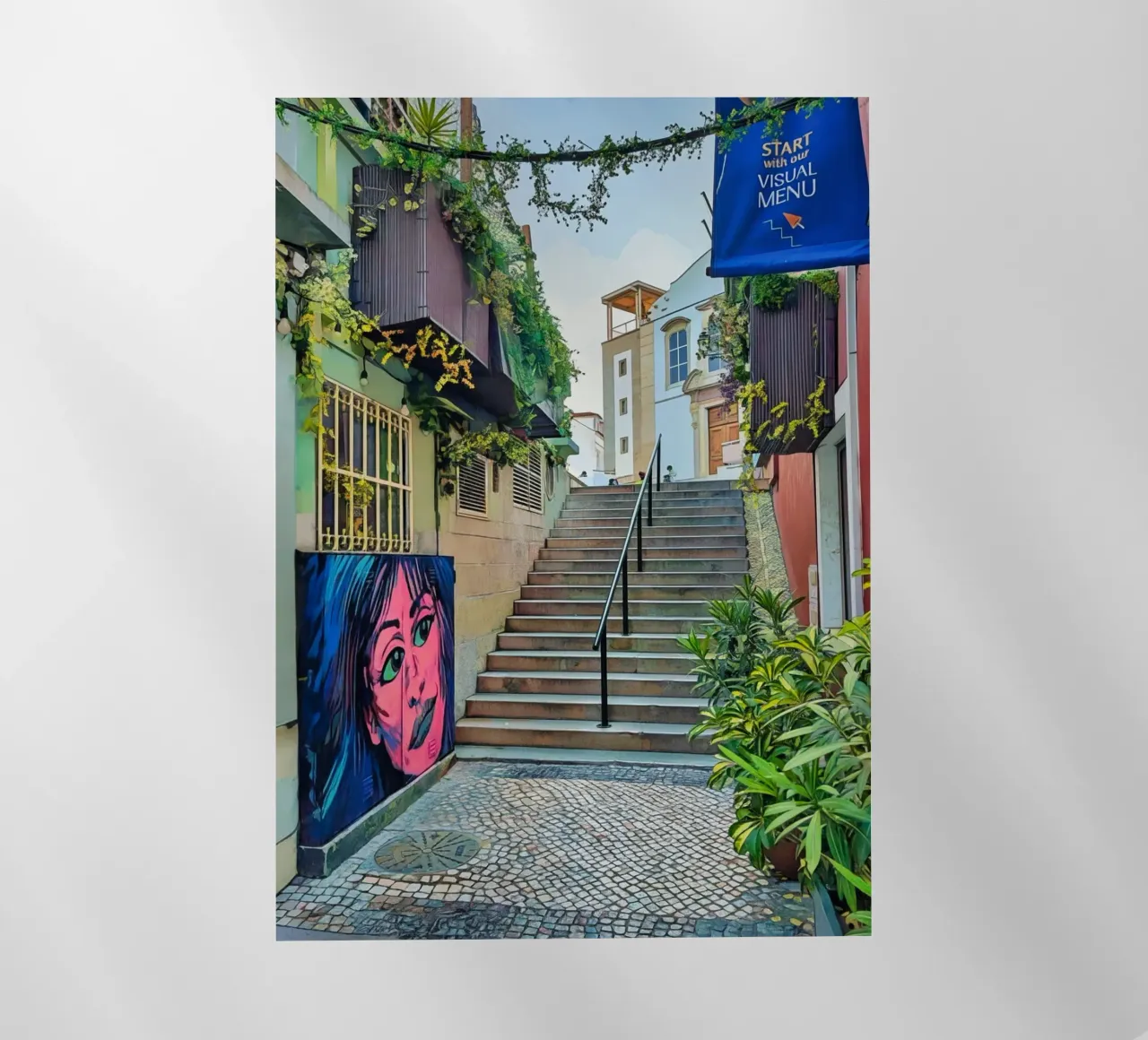 Scala urbana colorata a Cascais, Portogallo, Street Art pellicola backlit da Hecate Pim Designs