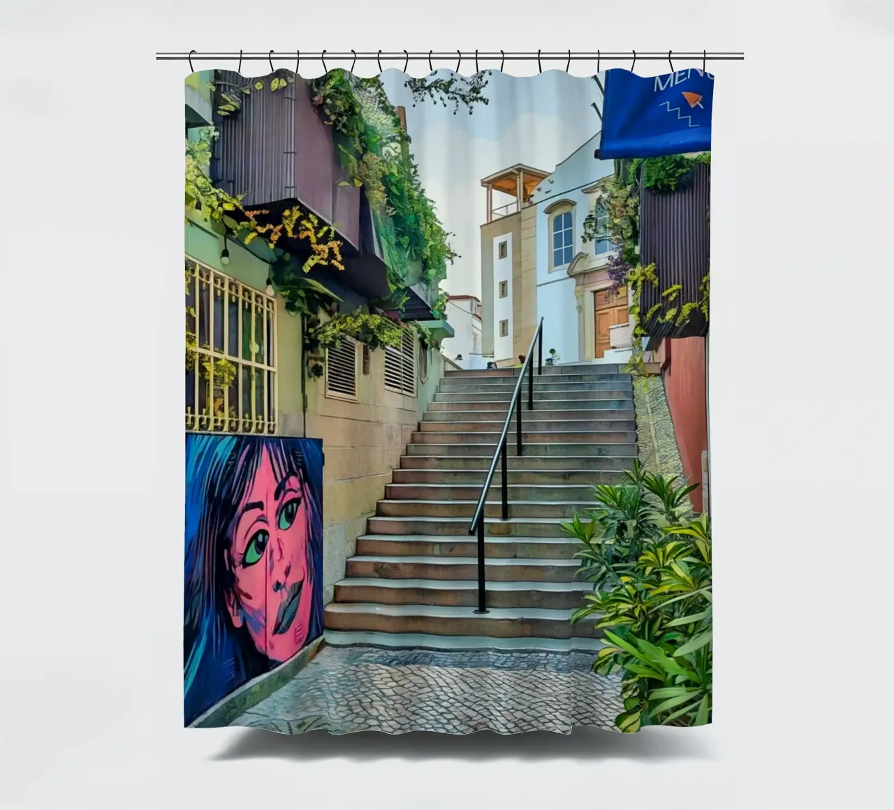 Scala urbana colorata a Cascais, Portogallo, Street Art tenda da doccia da Hecate Pim Designs
