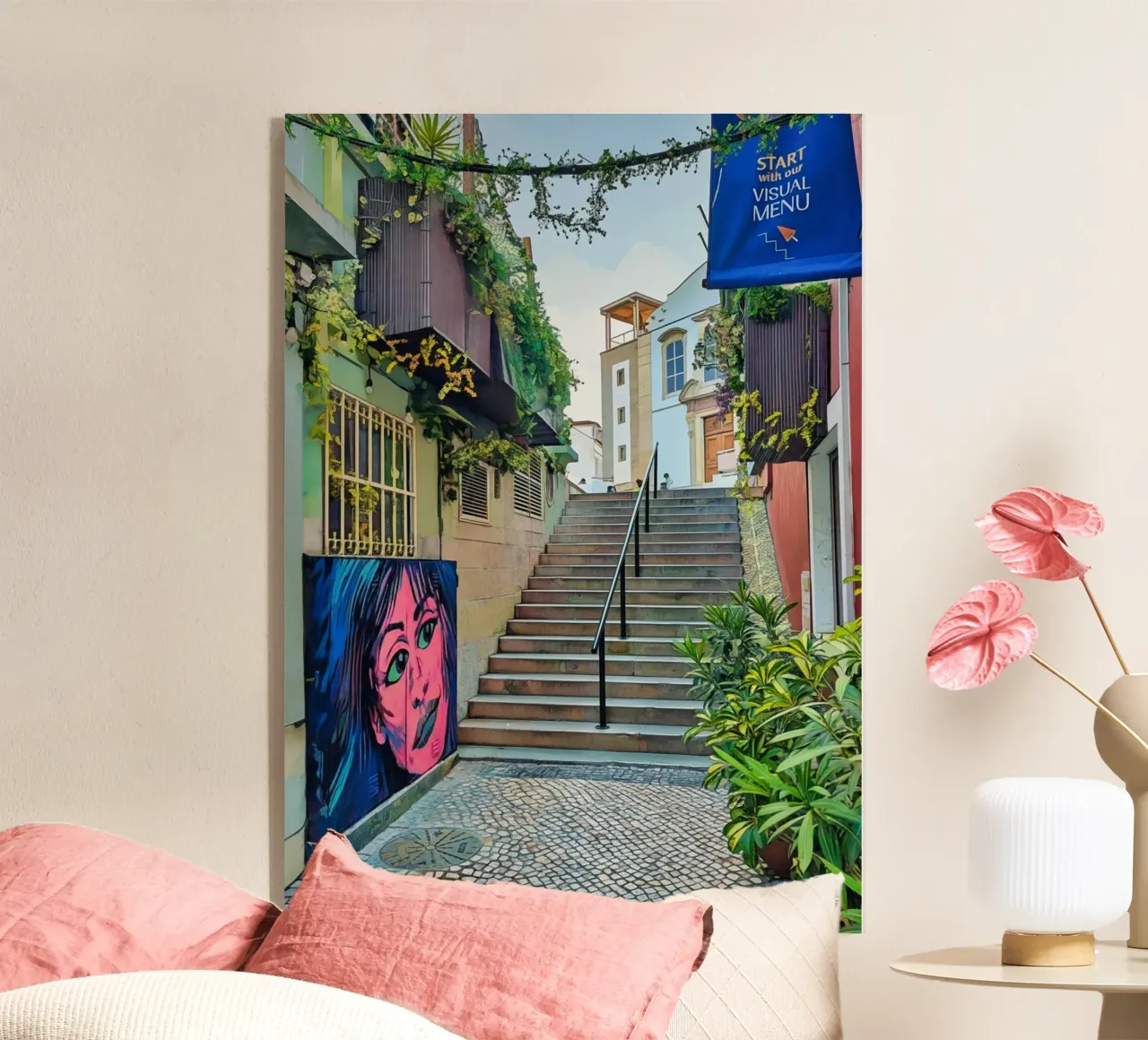 Scala urbana colorata a Cascais, Portogallo, Street Art plexiglass da Hecate Pim Designs