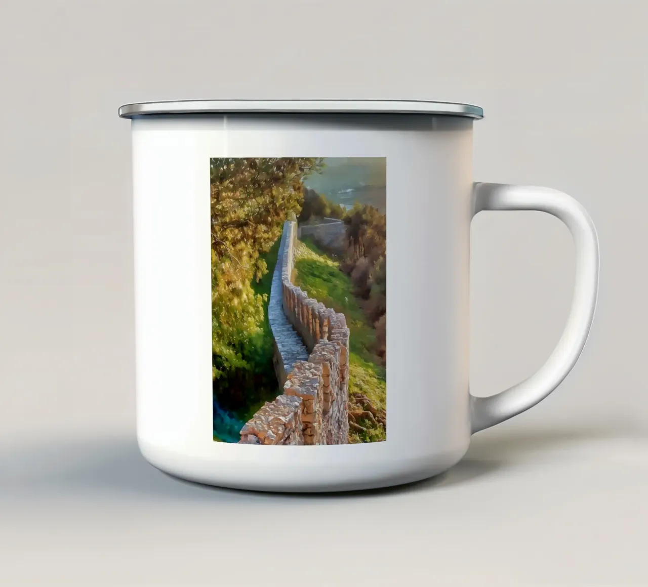 Castle Wall of Castelo de Sesimbra, Portugal at Sunset enamel mug by Hecate Pim Designs