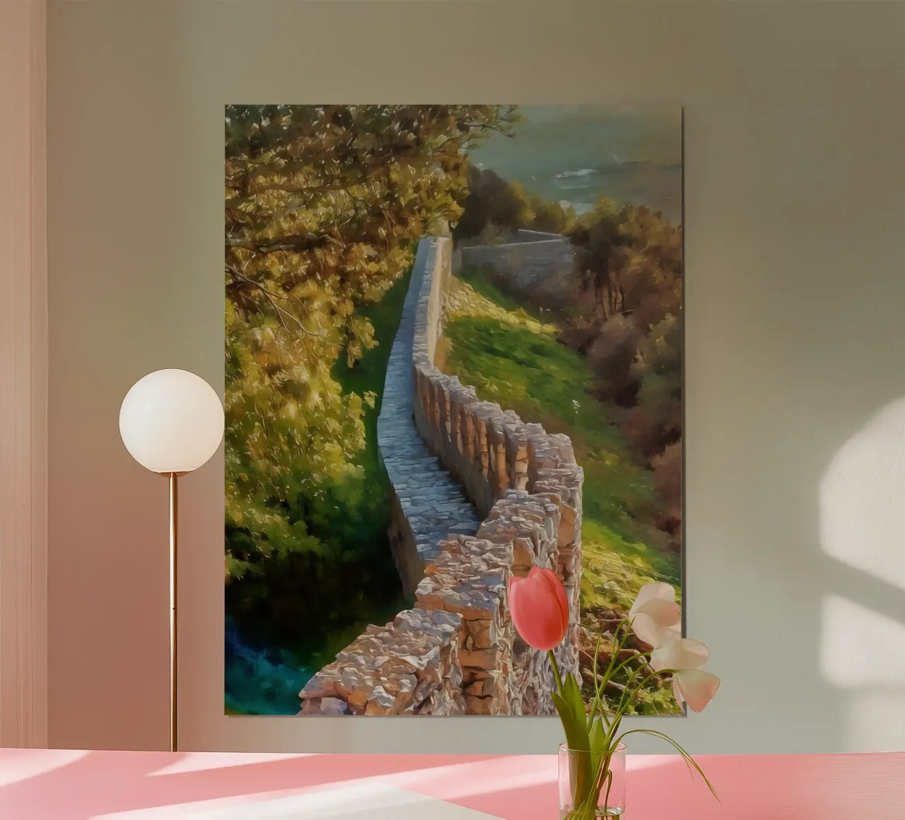 Le mura del castello di Castelo de Sesimbra, in Portogallo, al tramonto poster con telaio in plastica da Hecate Pim Designs