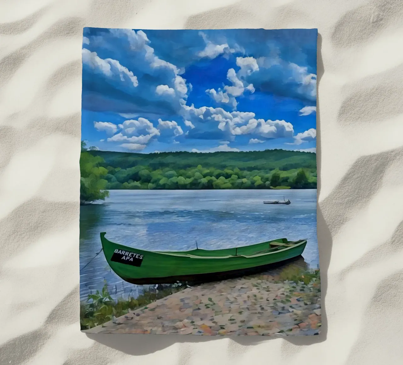 Fiume tranquillo con barca sul fiume Tago, Almourol, Portogallo telo mare da Hecate Pim Designs