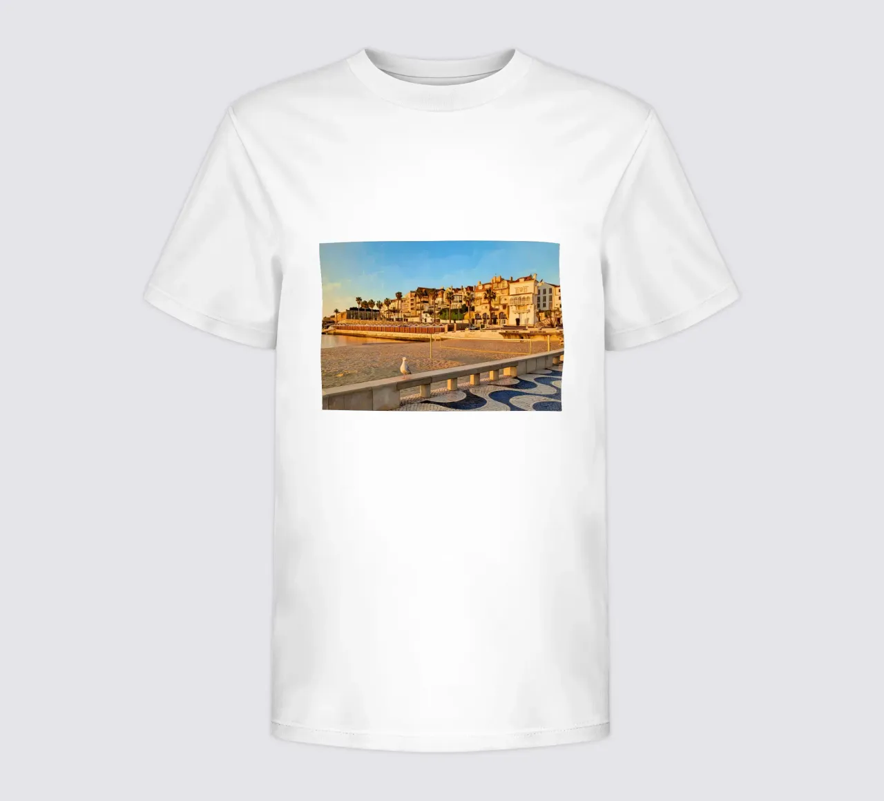 Seaside Morning in Cascais with Seagull kids t-shirt by Hecate Pim Designs