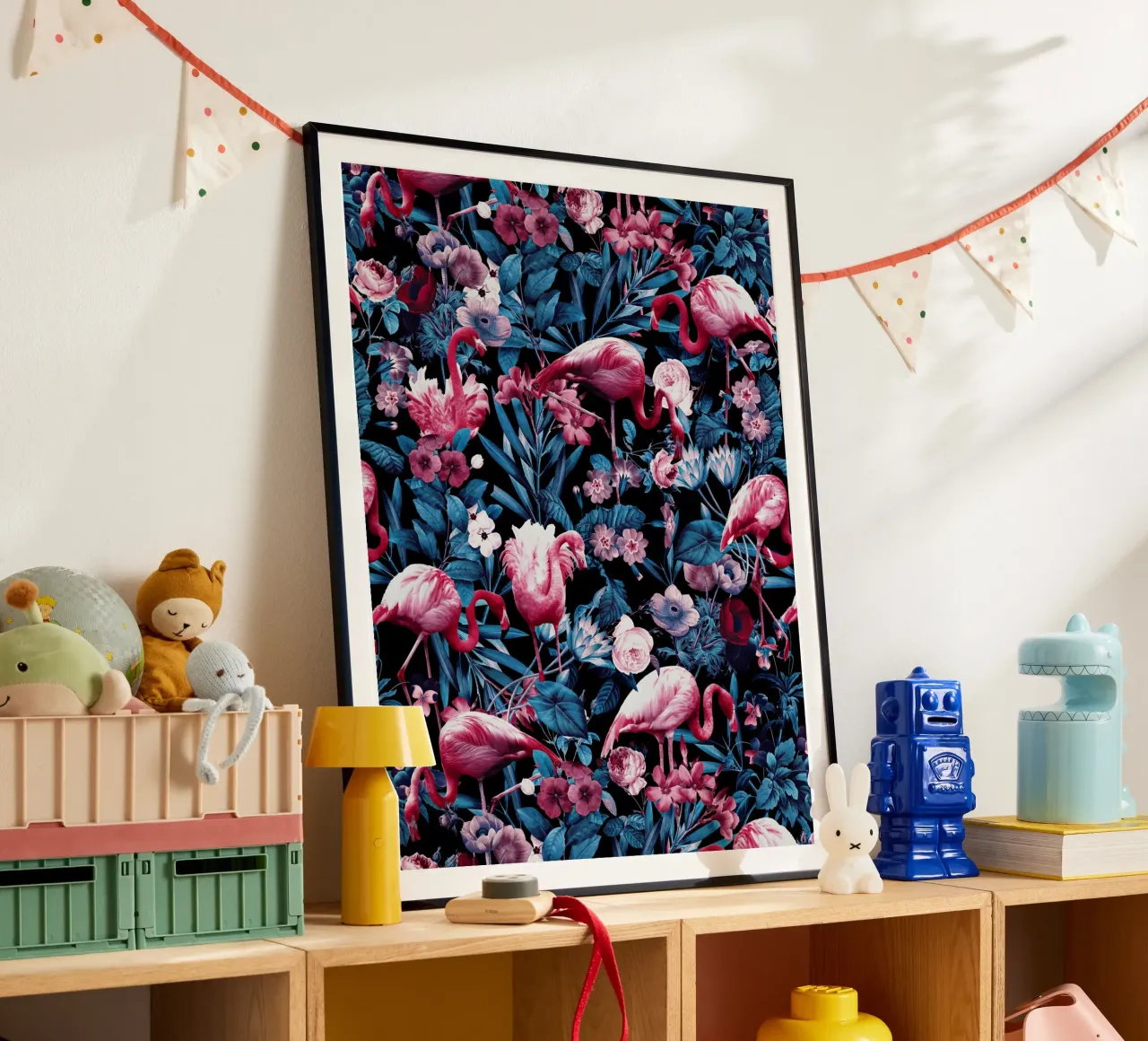 Floral and Flamingo VIII poster con telaio in legno da burcukorkmazyurek