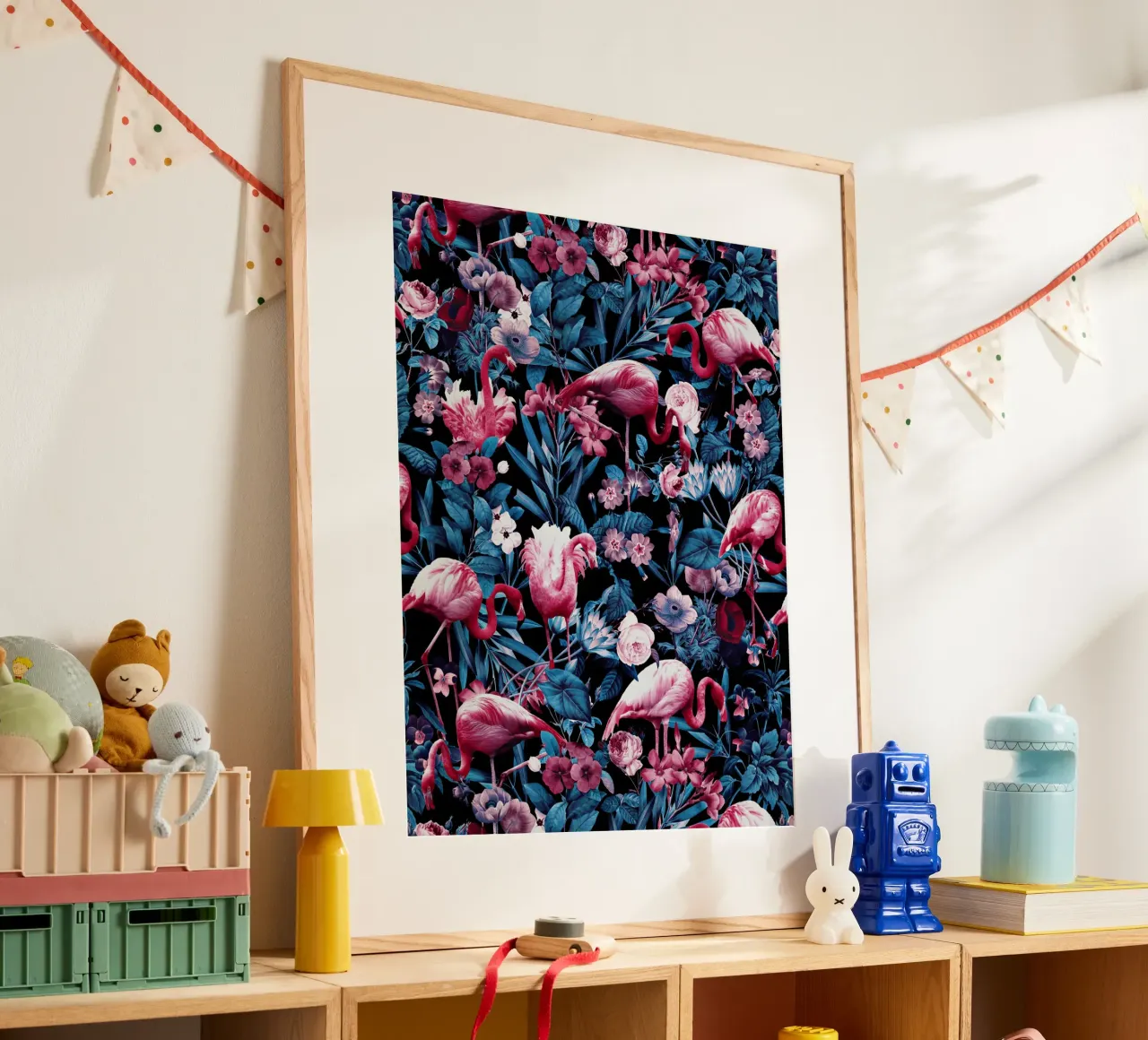 Floral and Flamingo VIII poster con telaio in legno da burcukorkmazyurek