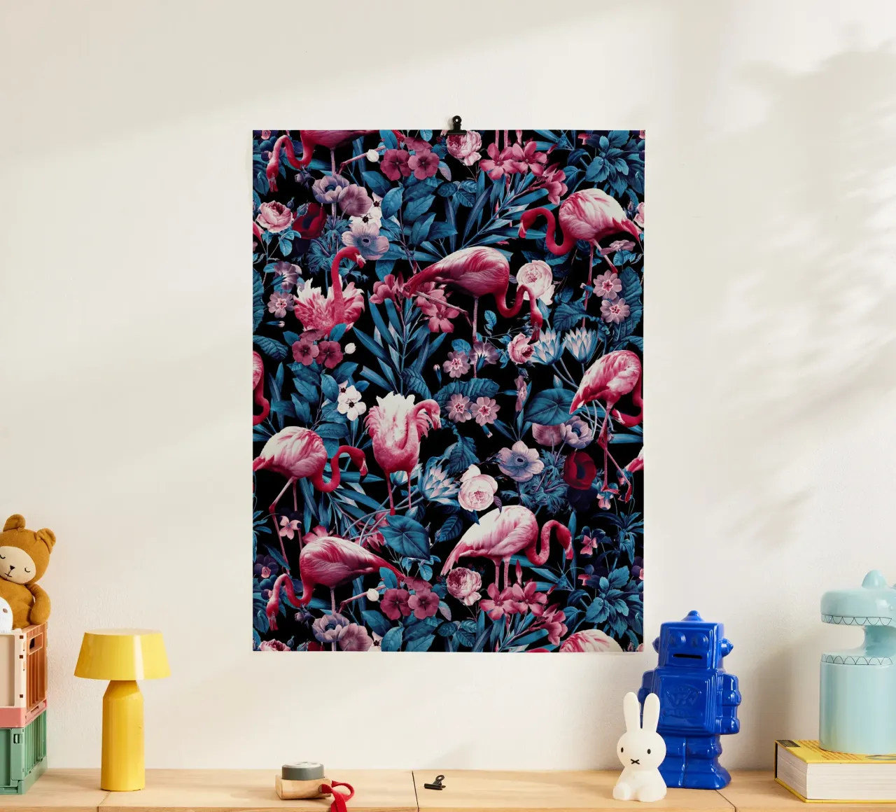 Floral and Flamingo VIII poster con telaio in legno da burcukorkmazyurek