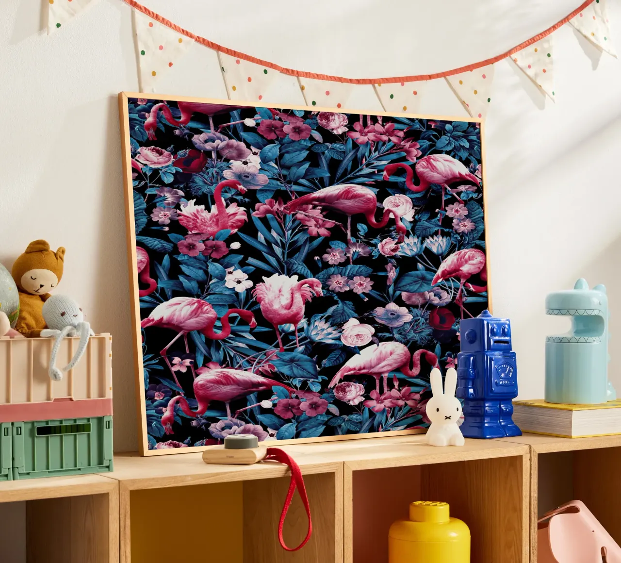 Floral and Flamingo VIII poster con telaio in legno da burcukorkmazyurek