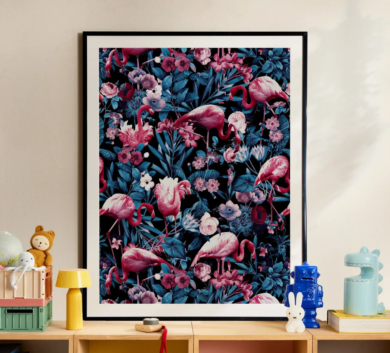 Floral and Flamingo VIII poster con telaio in legno da burcukorkmazyurek