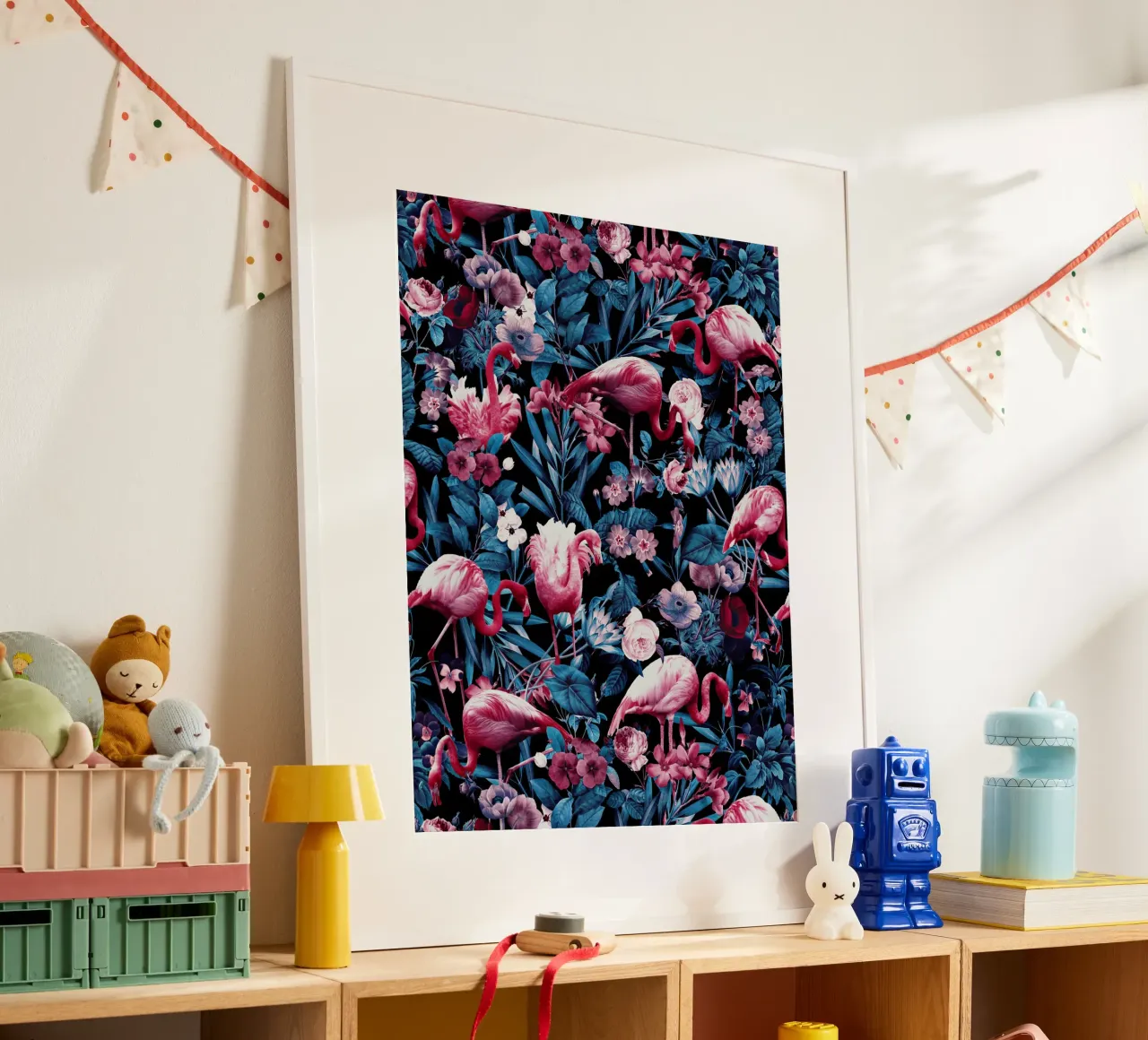Floral and Flamingo VIII poster con telaio in legno da burcukorkmazyurek