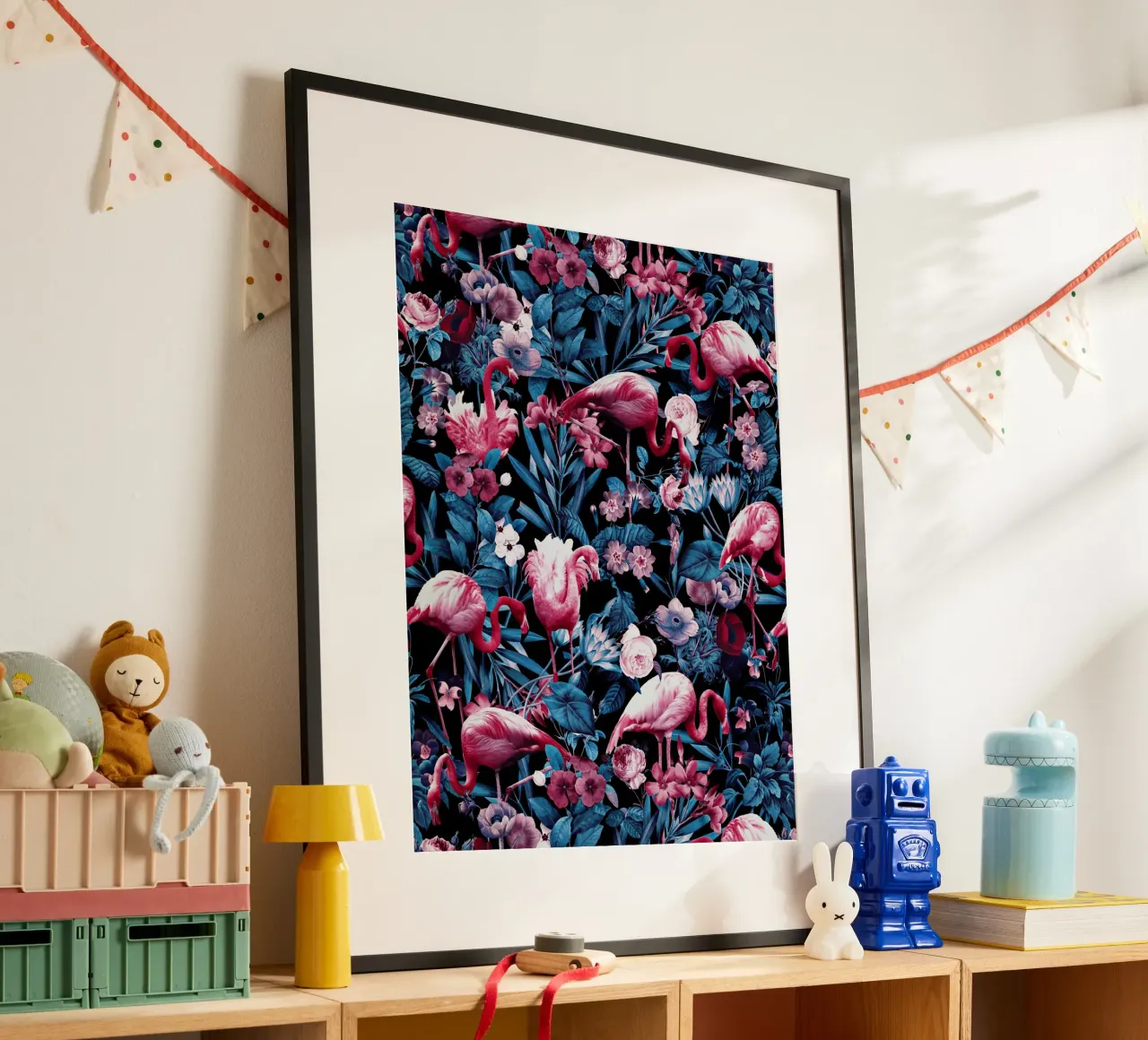 Floral and Flamingo VIII poster con telaio in legno da burcukorkmazyurek