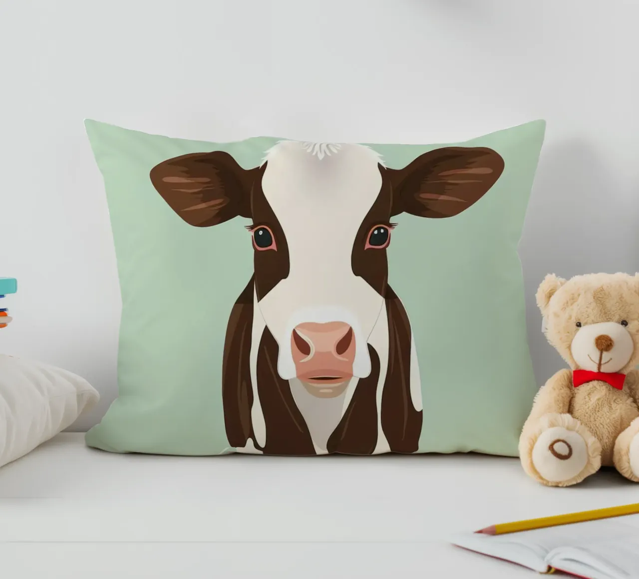 charming cow design with a playful gaze decorative cushion by DesignDoodle